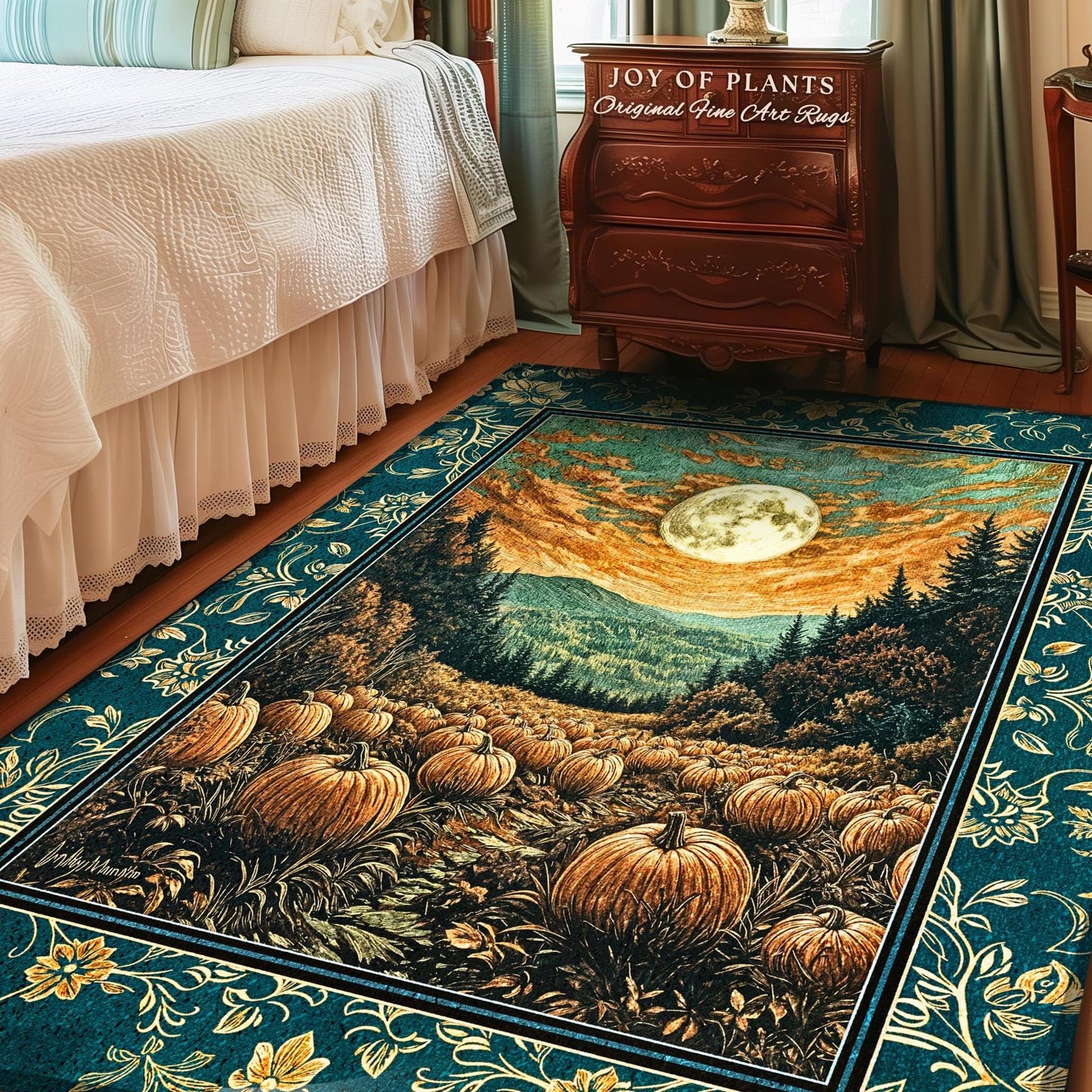 Moody Gothic Halloween Area Rug | Whimsical Fall Pumpkin Decor Full Moon Dark Academia Spooky Throw Rustic Aesthetic Autumn Bedroom Accent