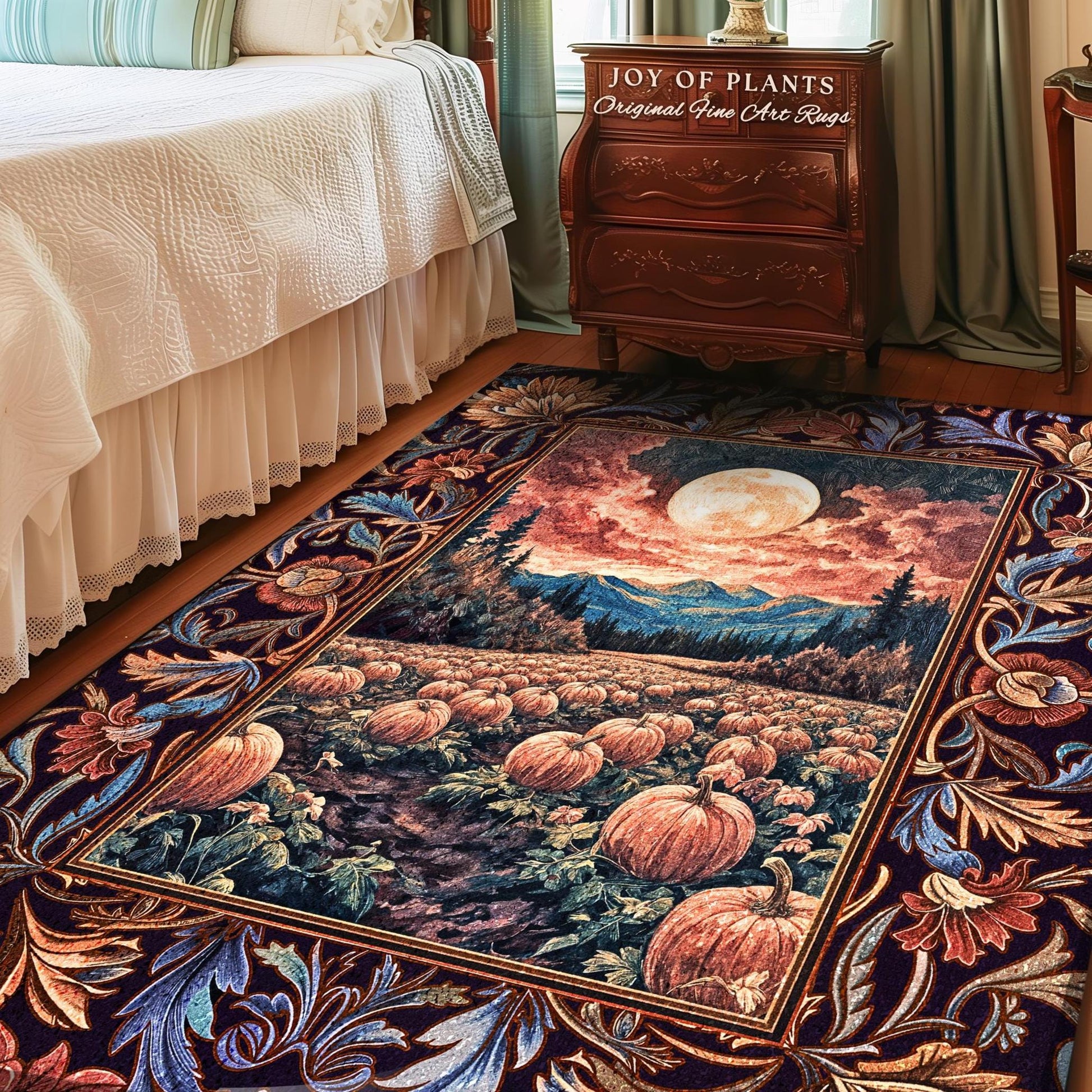 Lunar Night Sky Fall Pumpkin Rug | Autumn Aesthetic Rustic Bedroom Accent Rug Dark Academia Decor Cute Spooky Halloween Vibes Eclectic Style