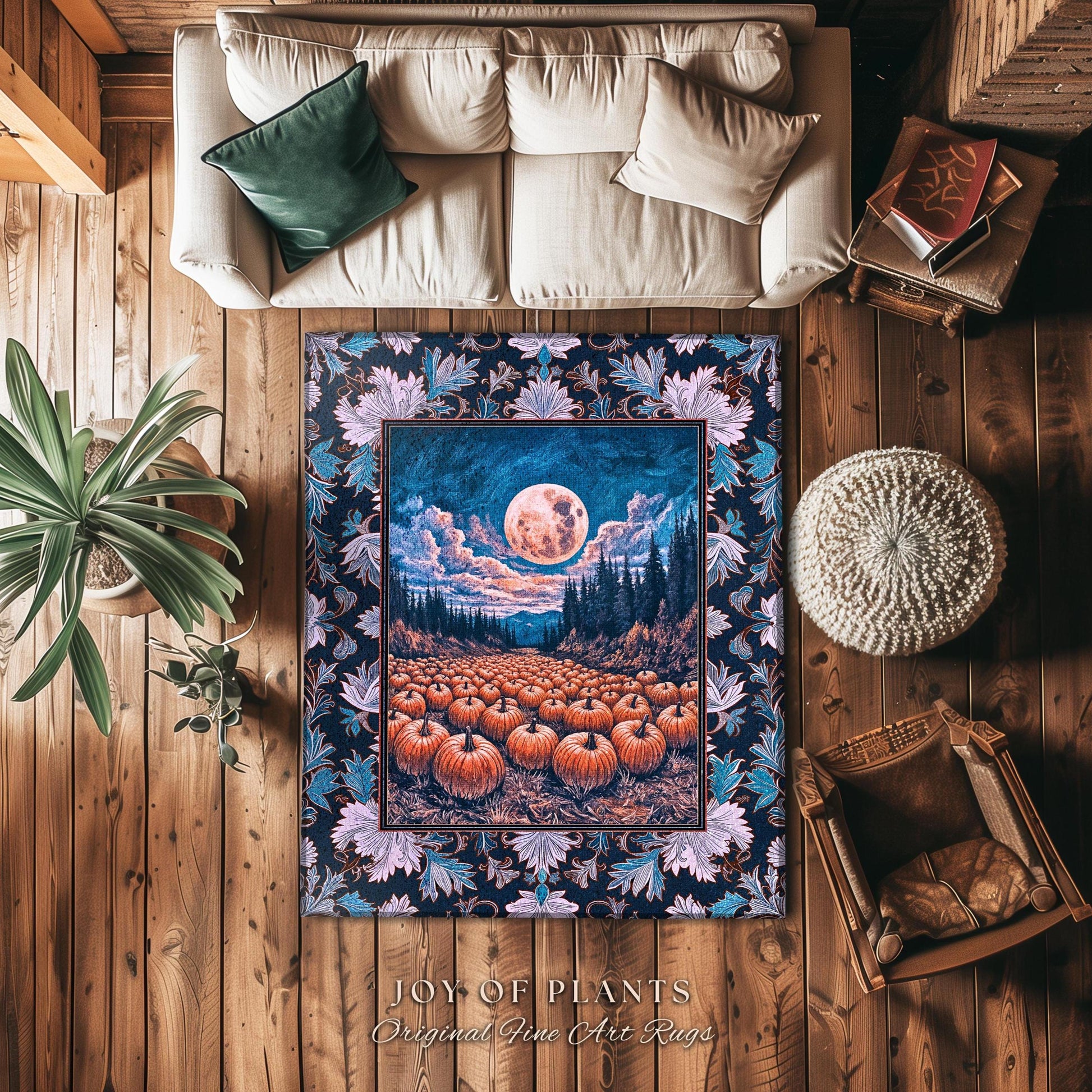 Soft Autumn Aesthetic Pumpkin Rug | Pastel Rustic Fall Bedroom Accent Decor Whimsigoth Full Moon Spooky Season Halloween Gothic Themed Dorm