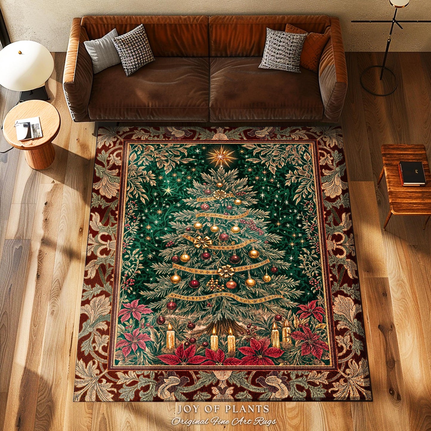 Regal Christmas Tree Poinsettia Rug | Vintage Xmas Home Decor Accent Cozy Winter Decor Festive Cottagecore Throw Rustic Holiday Traditional