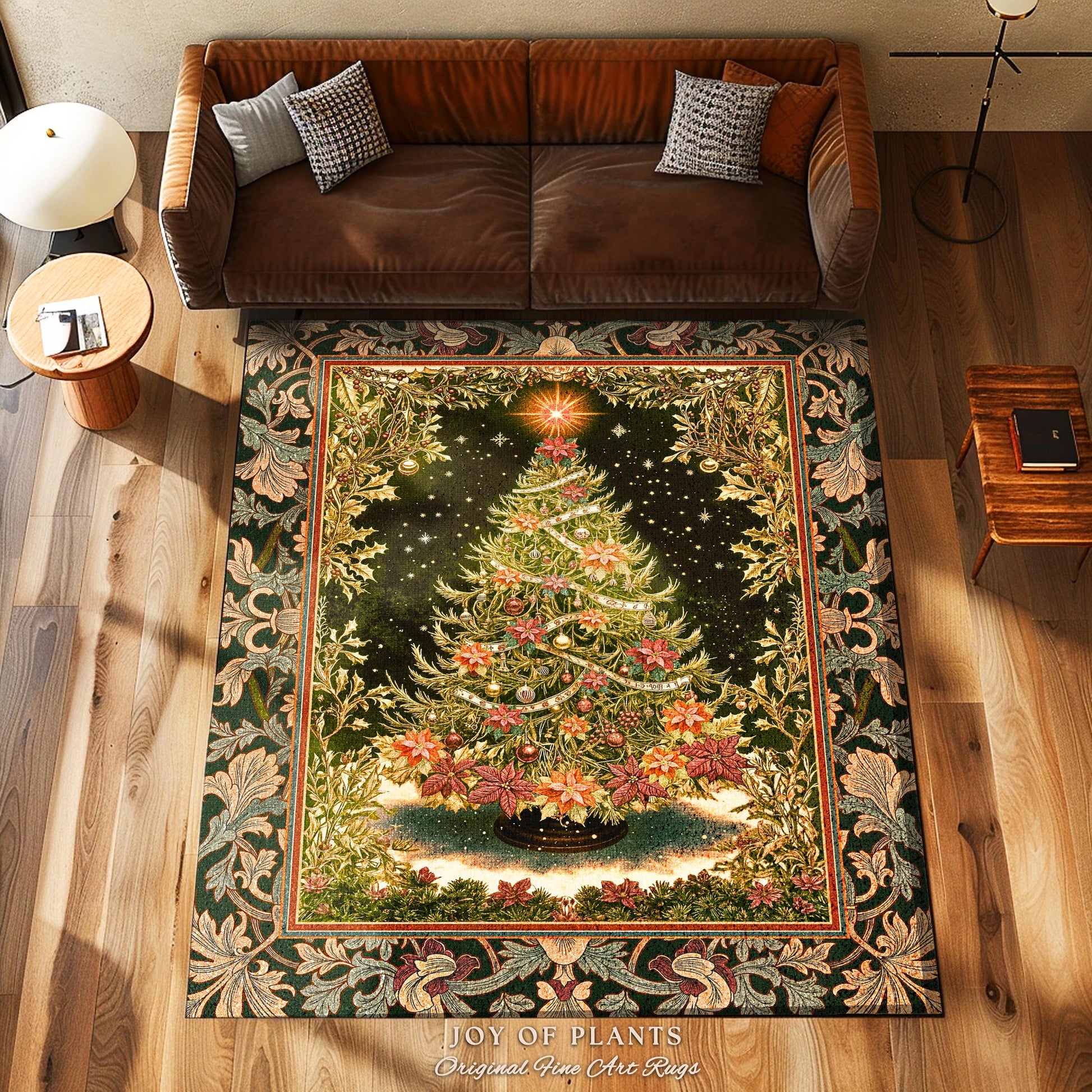Golden Light Elegant Holiday Rug | Baroque Christmas Home Decor Floral Tree Festive Accent Ornate Decor Cozy Vintage Holiday Aesthetic Style