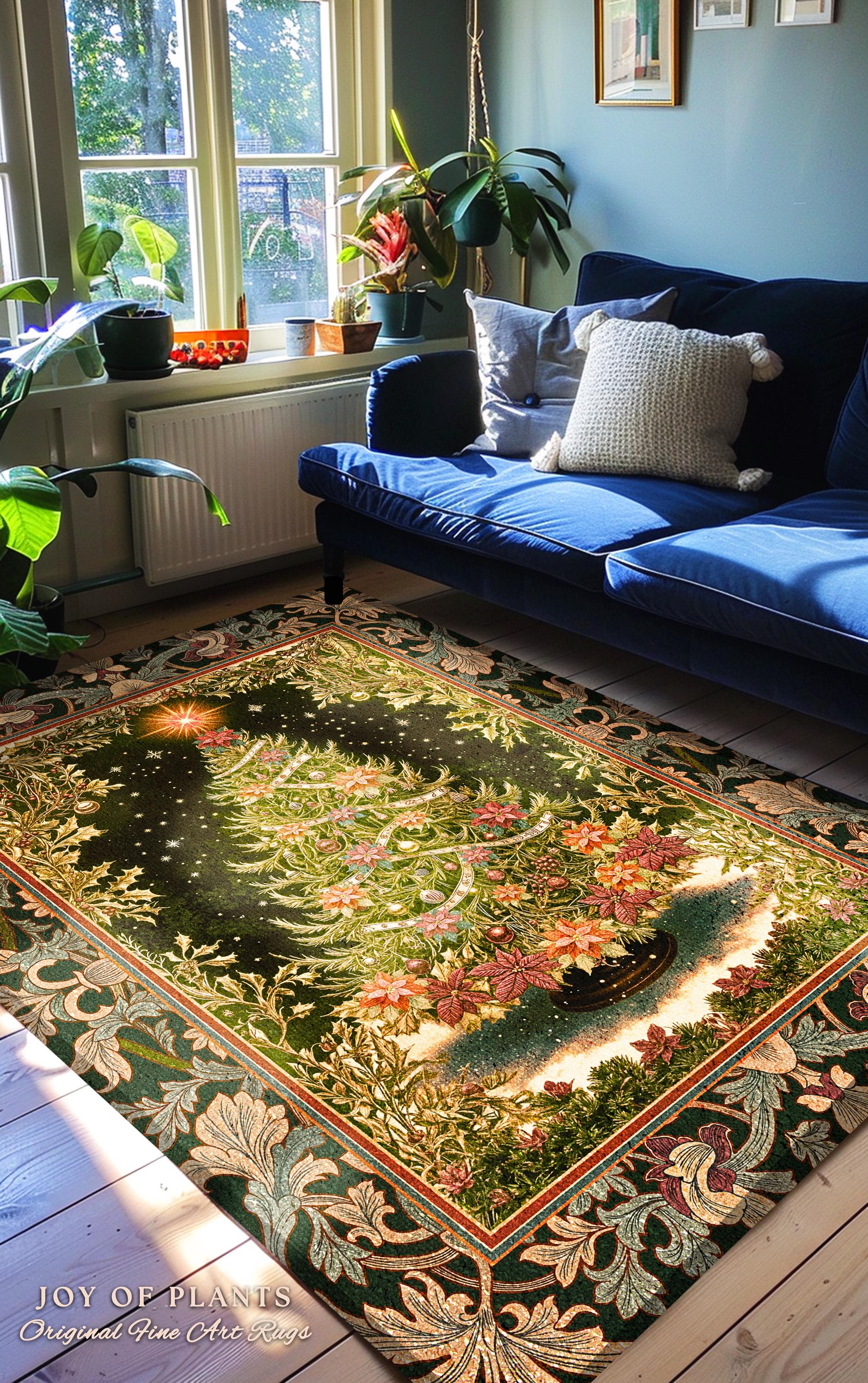 Golden Light Elegant Holiday Rug | Baroque Christmas Home Decor Floral Tree Festive Accent Ornate Decor Cozy Vintage Holiday Aesthetic Style