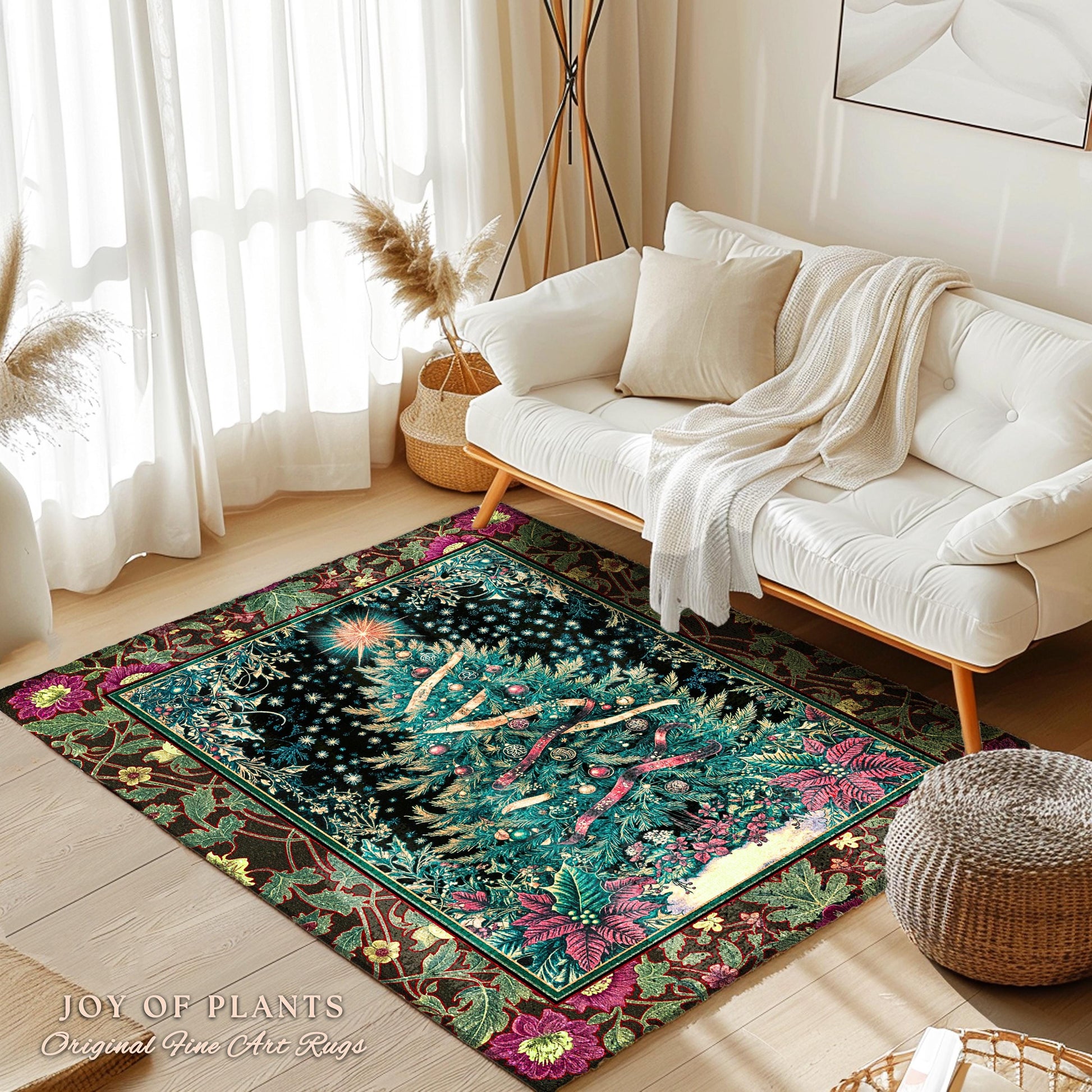 Nostalgic Christmas Tree Area Rug | Classic Aesthetic Holiday Accent Cozy Starry Night Rug Vintage Winter Decor Cottagecore Style Ornate |