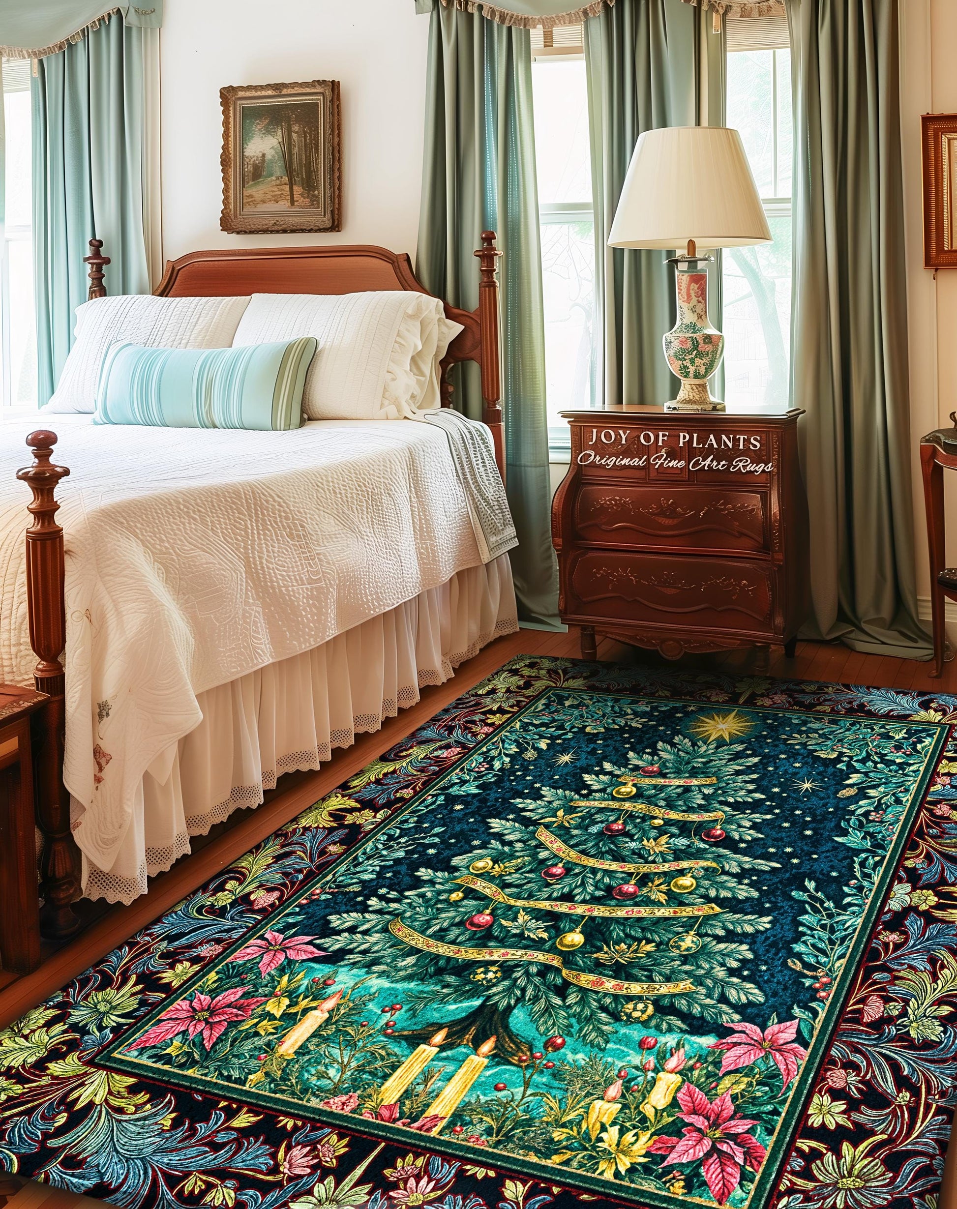 Candlelight Christmas Holiday Rug | Rustic Home Decor Accent Cozy Winter Decor Red Gold Ornaments Cottagecore Vintage Nostalgic Xmas Style