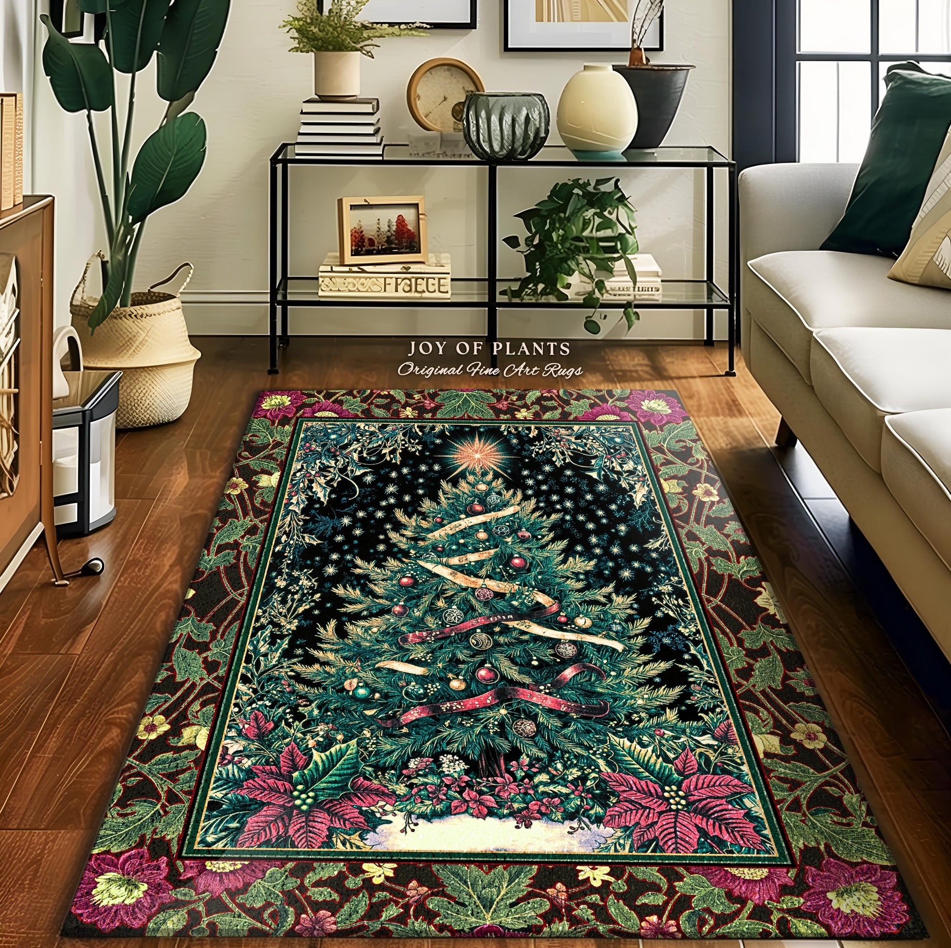 Nostalgic Christmas Tree Area Rug | Classic Aesthetic Holiday Accent Cozy Starry Night Rug Vintage Winter Decor Cottagecore Style Ornate |