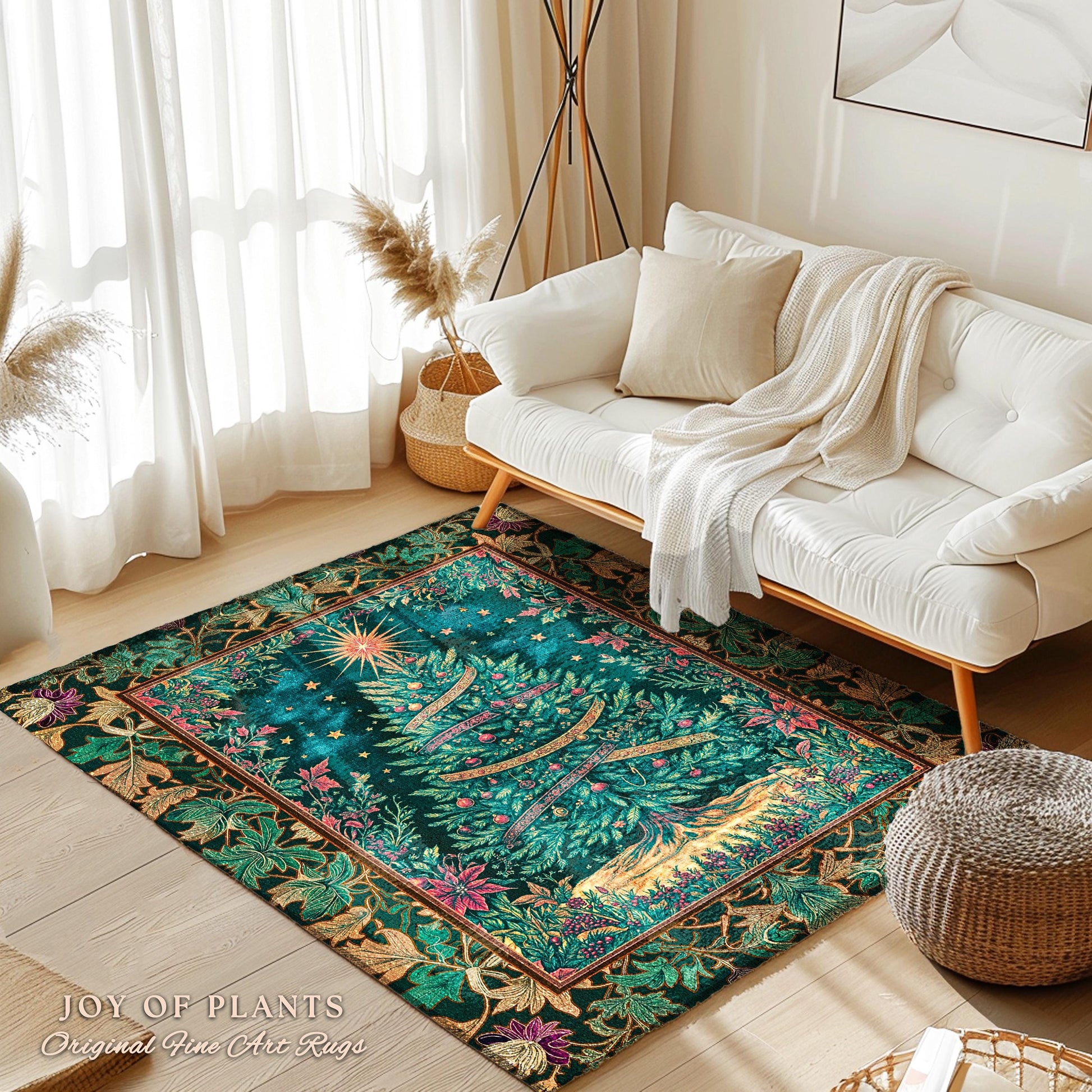 Twinkling Stars Holiday Tree Rug | Christmas Area Rug Whimsical Gold Ornament Evergreen Decor Traditional Ornate Winter Home Festive Look |