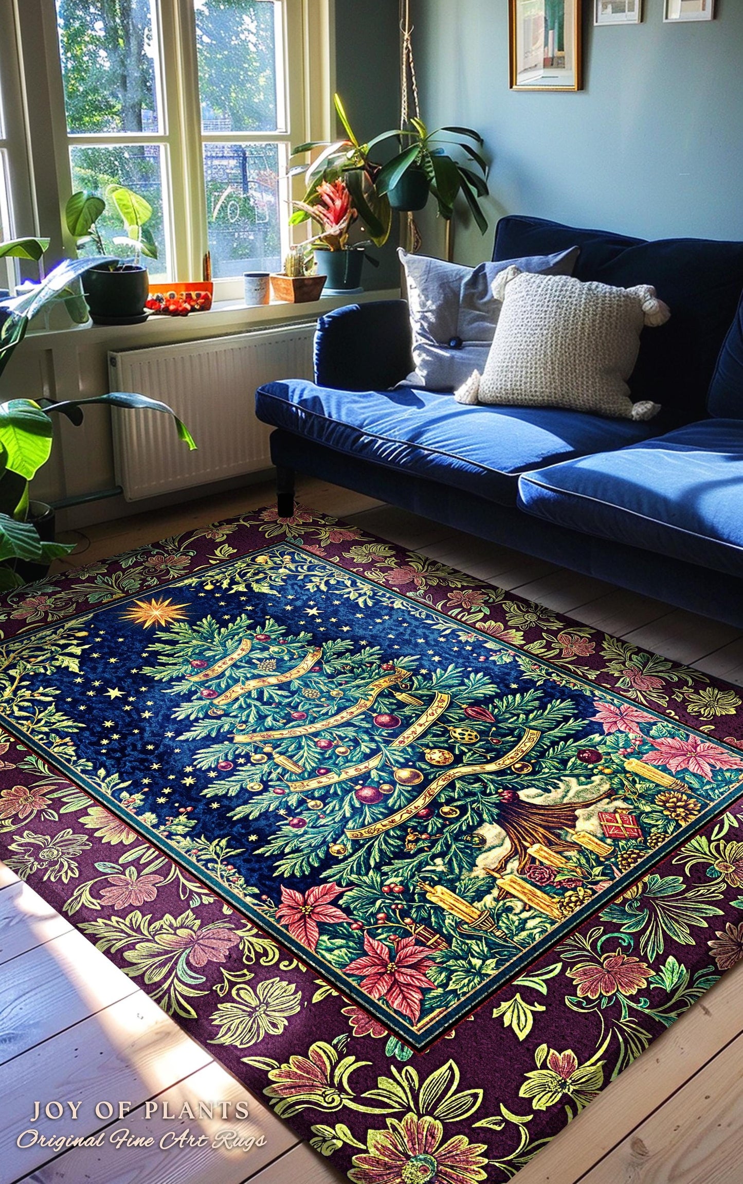 Rustic Holiday Xmas Tree Rug | Cozy Cottagecore Holiday Home Accent Vintage Glow Winter Decor Poinsettia Maximalist Xmas Festive Winter Art