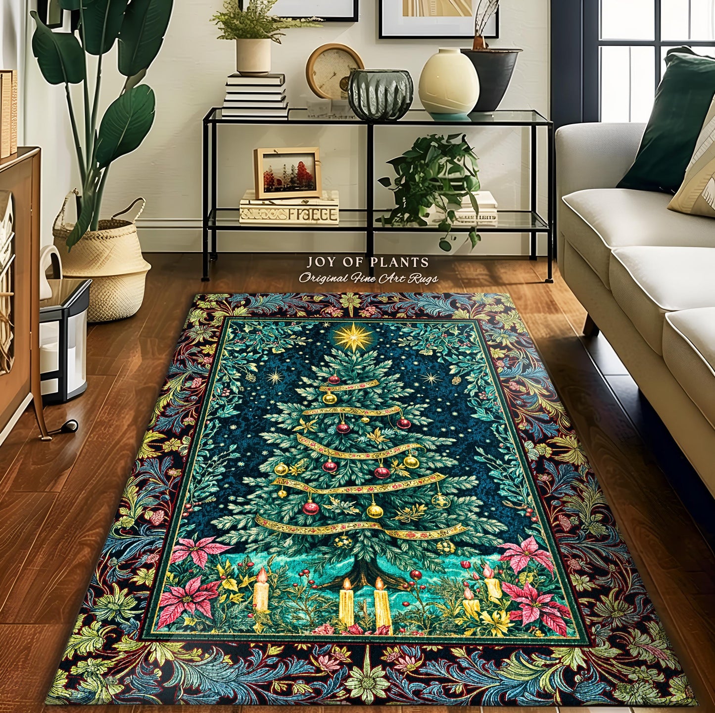 Candlelight Christmas Holiday Rug | Rustic Home Decor Accent Cozy Winter Decor Red Gold Ornaments Cottagecore Vintage Nostalgic Xmas Style