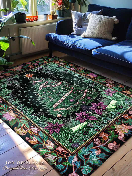 Dark Aesthetic Moody Xmas Tree Rug | Whimsigothic Holiday Festive Home Accent Area Rug Rustic Farmhouse Whimsical Decor for Christmas Boho |