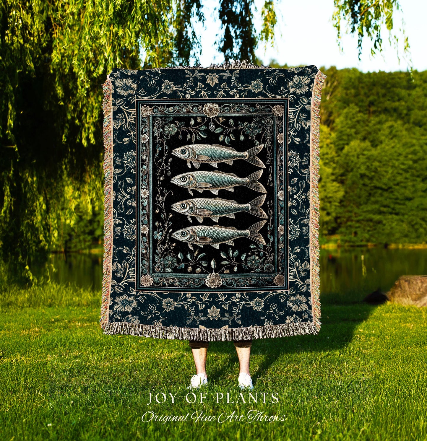 Maximalist Sea Life Sardine Throw Blanket | Coastal Folklore Woven Wall Tapestry Nautical Rustic Oceancore Costal Fish Marine Themed Decor |