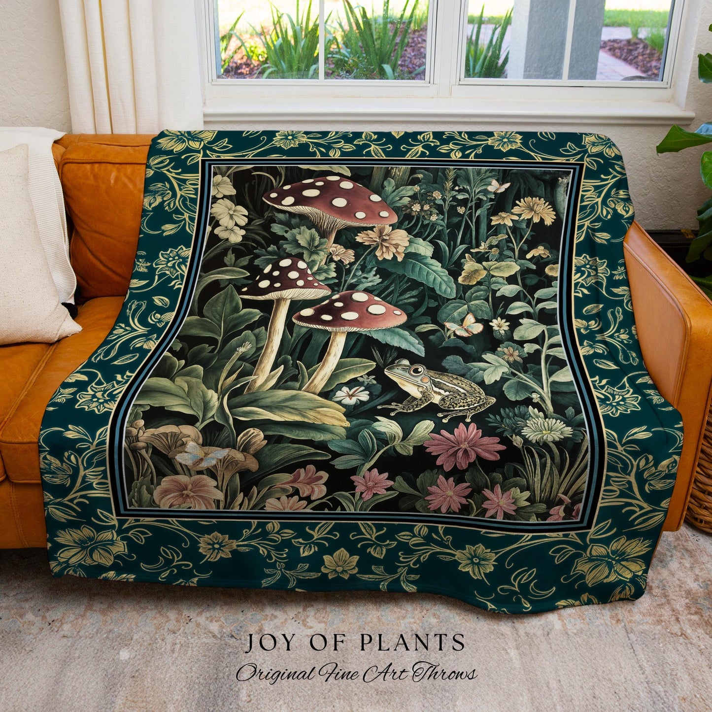 Fairytale Forest Mushroom Frog Tapestry | Trendy Aesthetic Cottagecore Botanical Woven Blanket for Emerald Green Funky Woodland Book Nook |