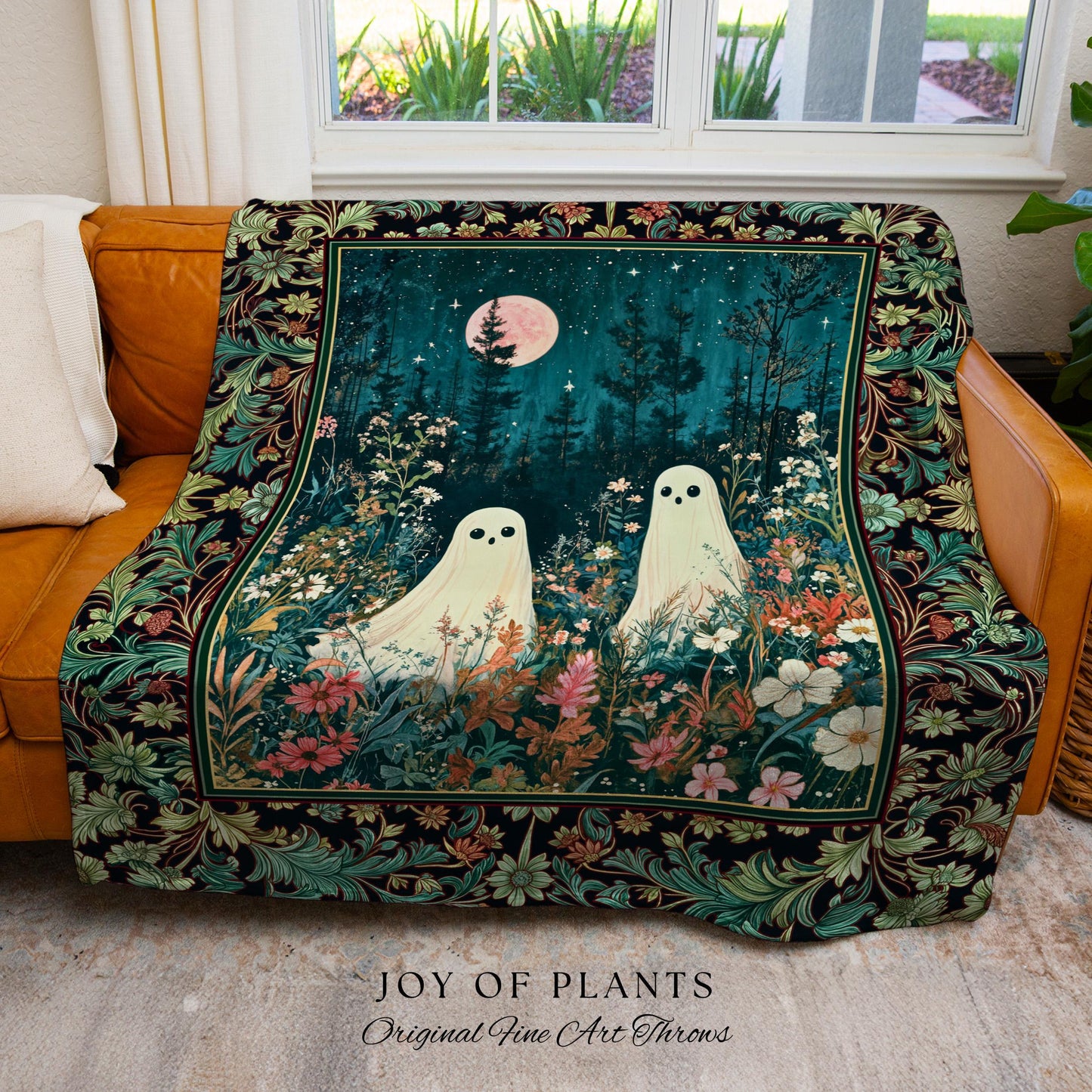 Ghost Friends Wildflower Moon Tapestry | Cute Whimsigothic Decoration Spooky Vibes Haunted Forest Cottagecore Decor Artistic Botanical Cozy