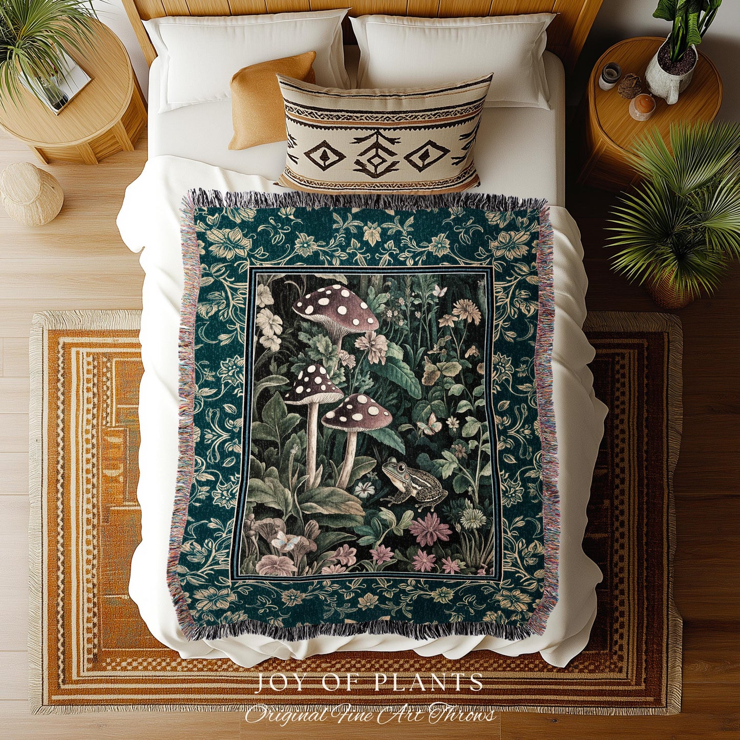 Fairytale Forest Mushroom Frog Tapestry | Trendy Aesthetic Cottagecore Botanical Woven Blanket for Emerald Green Funky Woodland Book Nook |