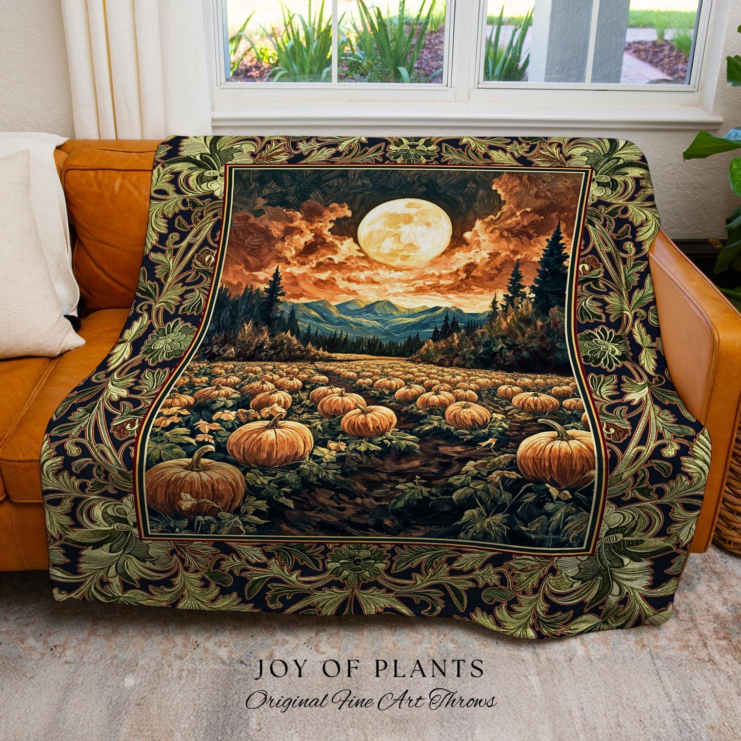 Witchy Aesthetic Woodland Autumn Throw | Cozy Gothic Whimsigoth Vibes Spooky Pumpkin Patch Decor Fall Accent Rustic Halloween Woven Tapestry