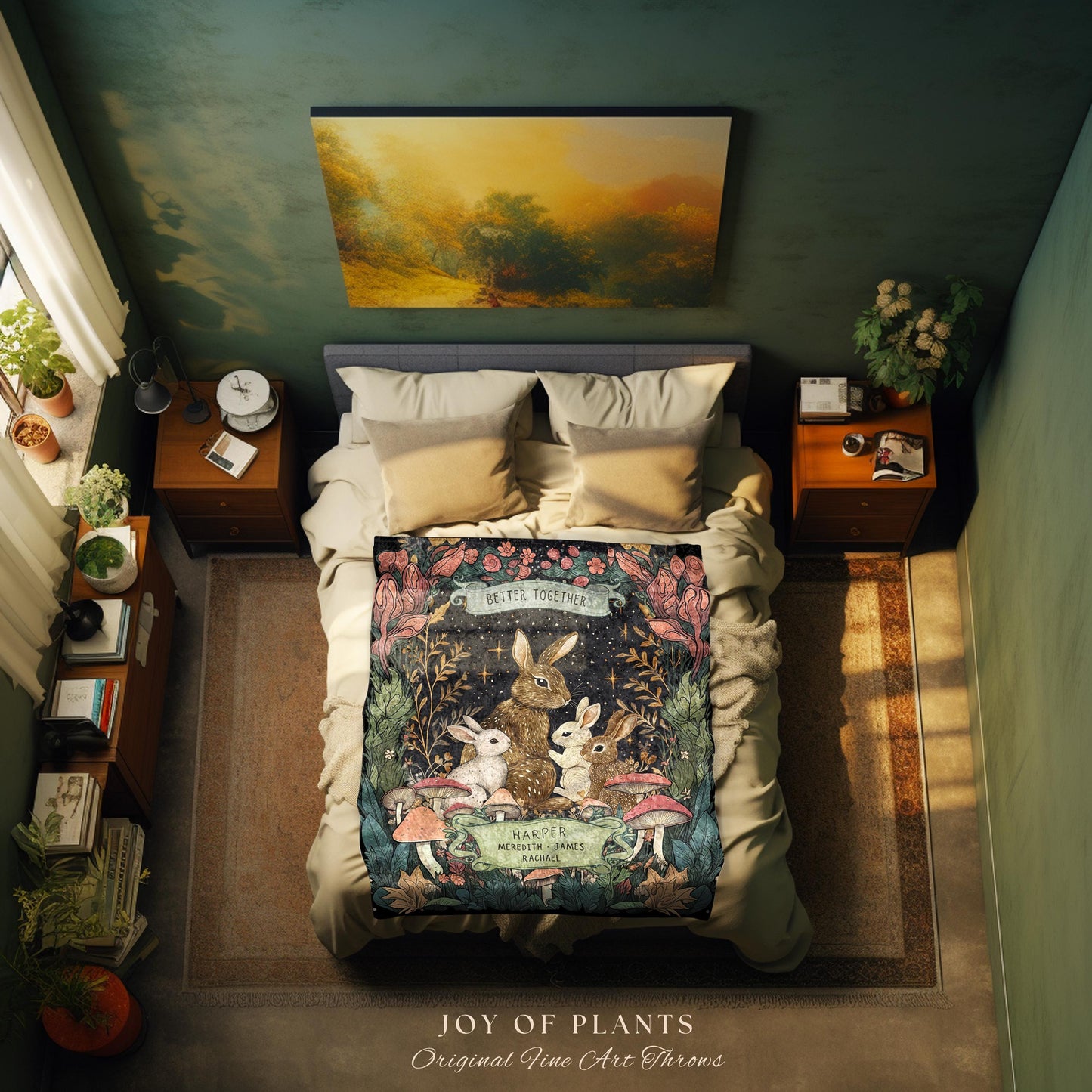 Family Bunnies Personalized Woven Tapestry | Woodland Cottagecore Throw Blanket Celestial Decor Custom Names Gift Sentimental From Children