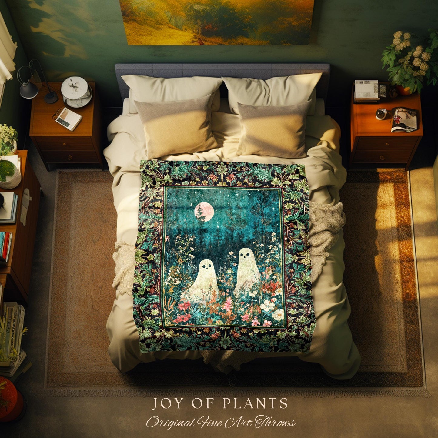 Ghost Friends Wildflower Moon Tapestry | Cute Whimsigothic Decoration Spooky Vibes Haunted Forest Cottagecore Decor Artistic Botanical Cozy