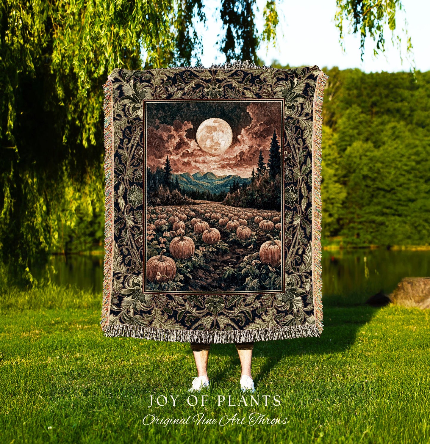 Witchy Aesthetic Woodland Autumn Throw | Cozy Gothic Whimsigoth Vibes Spooky Pumpkin Patch Decor Fall Accent Rustic Halloween Woven Tapestry