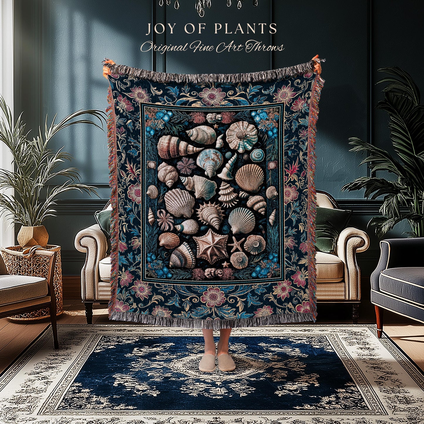 Colorful Nautical Aesthetic Throw Blanket | Ocean Inspired Lake Home Accent Seashell Woven Wall Tapestry Summer Beach Aesthetic Mermaidcore