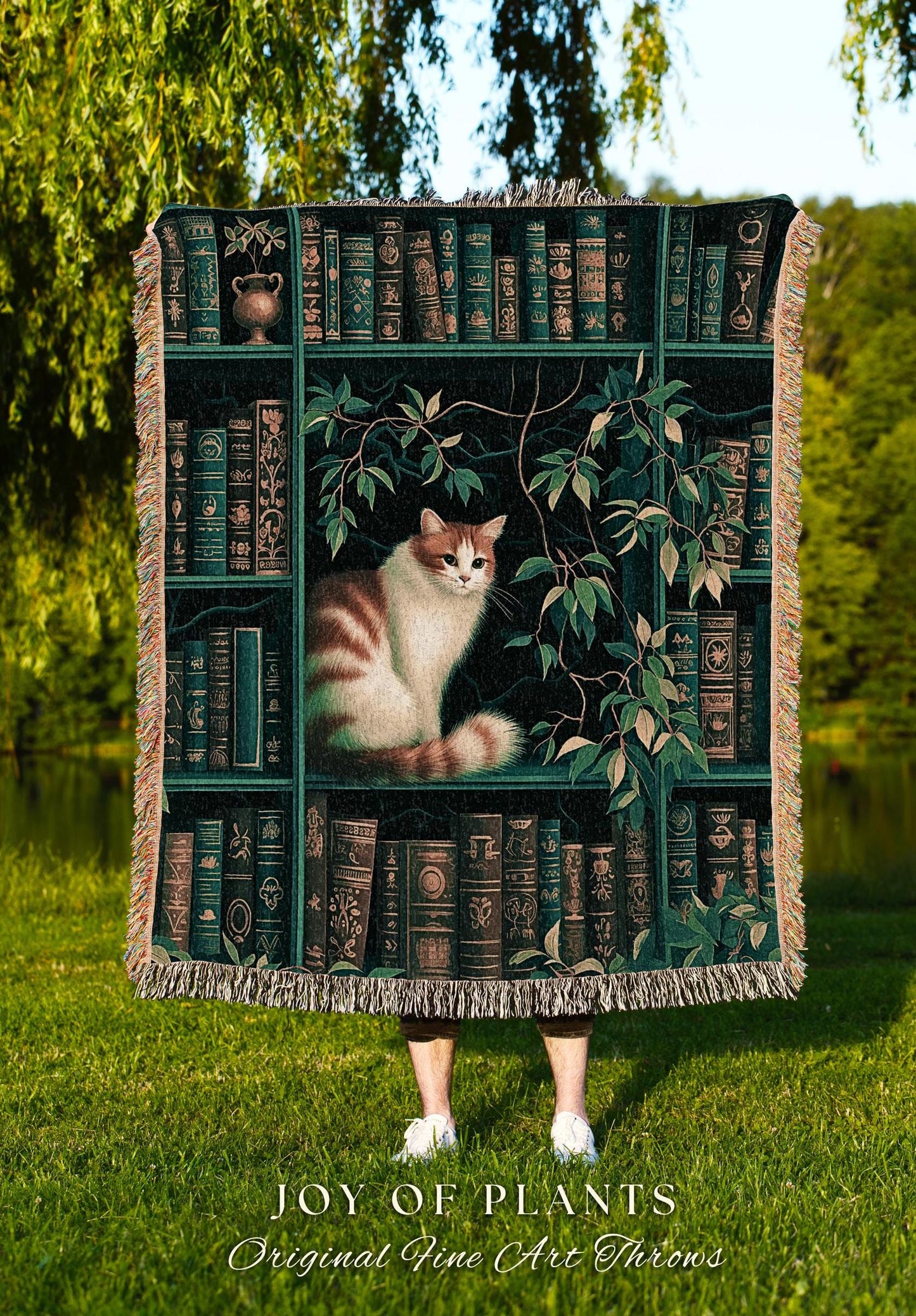 Forest Green Botanical Library Cat Lovers Blanket Cozy Cottagecore Bookshelf Tapestry Throw, Vintage Reading Nook Academia Plant Lover Decor