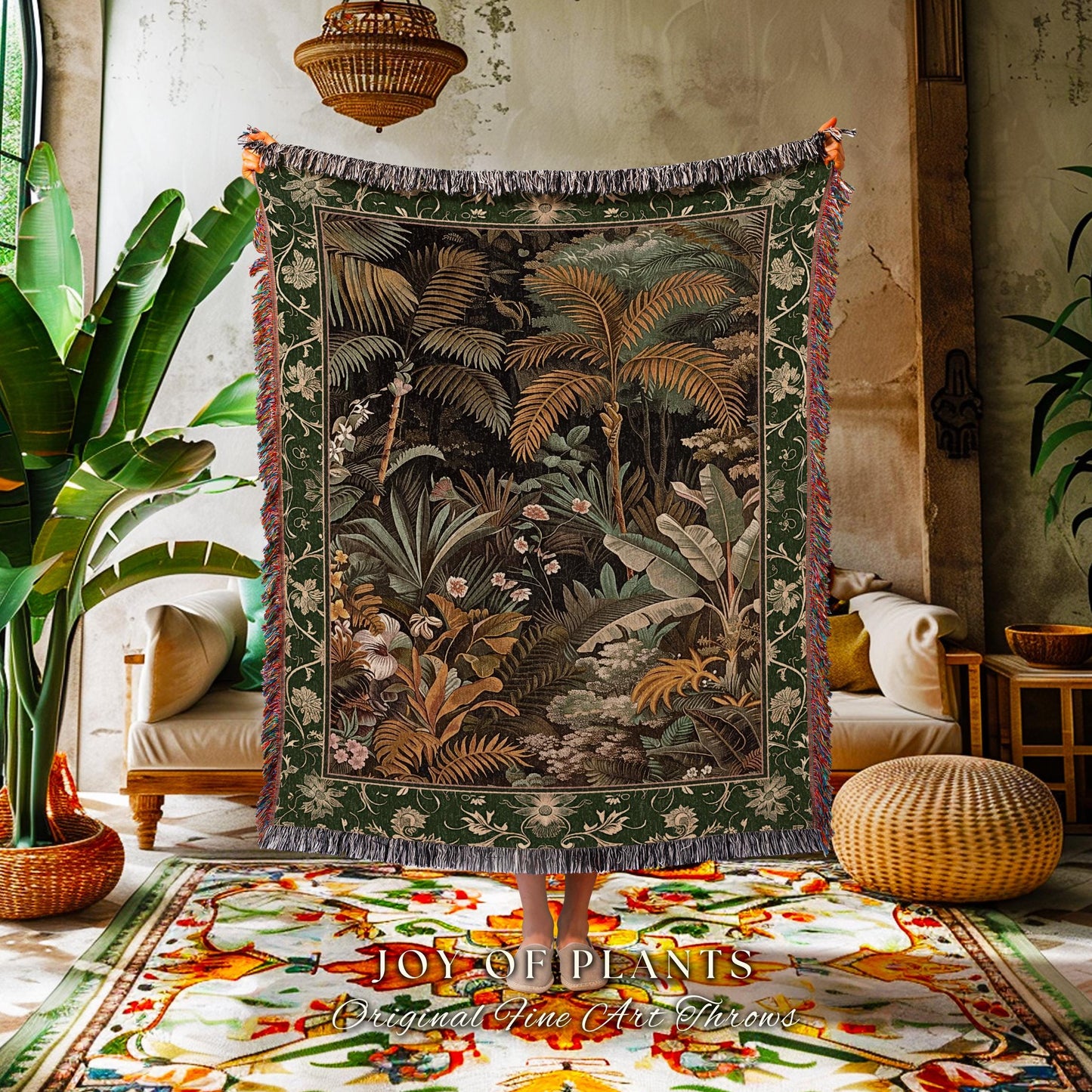 Maximalist Botanical Jungle Throw Blanket | Exotic Leaf Tropical Nature Theme Bedroom Decor Vintage Elegance Living Room Woven Tapestry |