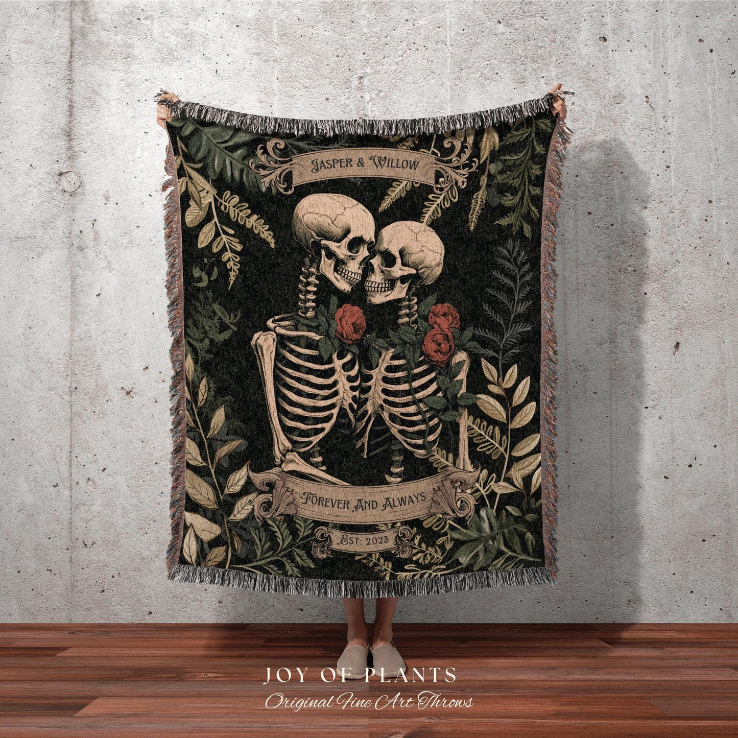 Skeleton Lovers Personalized Blanket | Gothic Wedding Custom Blanket Woven Tapestry Spooky Wedding Personalized Anniversary Gift For Goths |