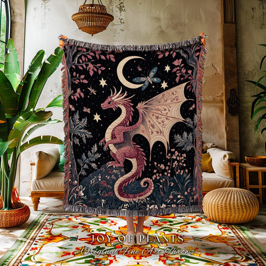 Cozy Gothic Dragon Woven Blanket | Celestial Aesthetic Magical Moonlit Mythical Creature Decor Cozy Rustic Medieval Wall Hanging Art Mystic
