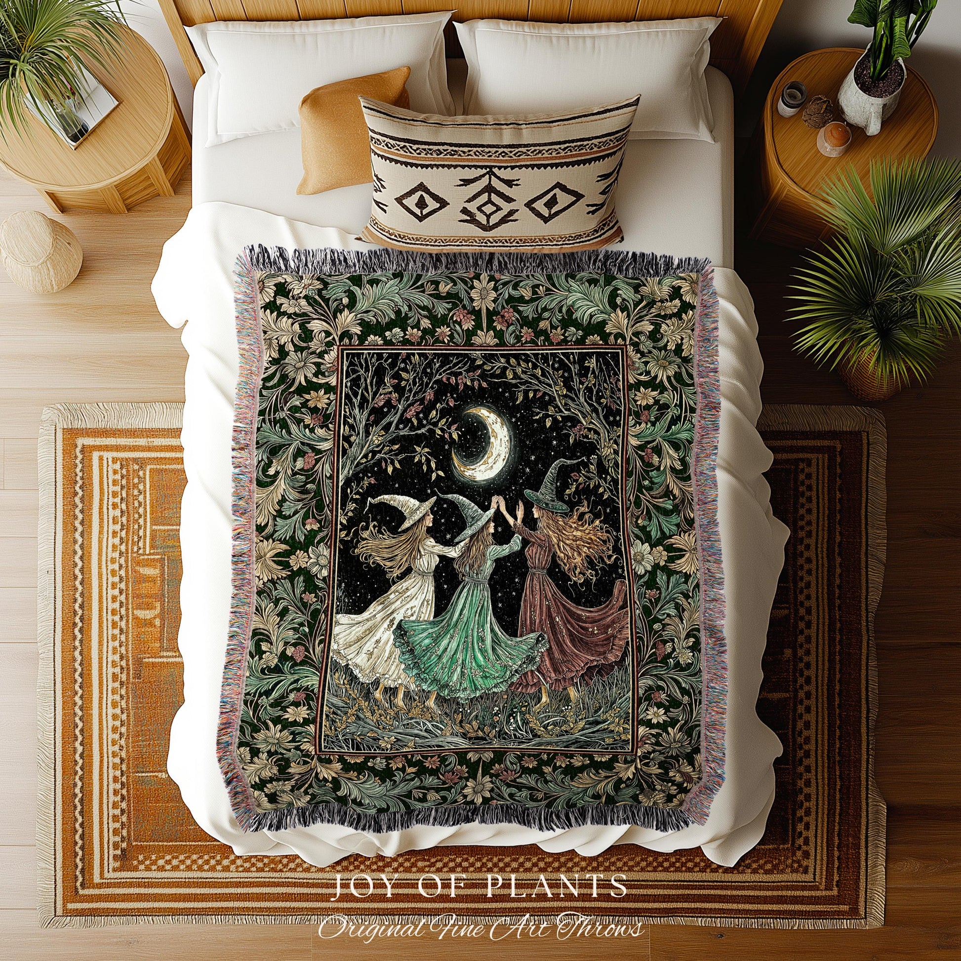 Wiccan Folklore Witch Tapestry Blanket | Sorceress Sisters Mystic Academia Cozy Wiccan Woven Throw Mystic Aesthetic Gothic Elegant Halloween