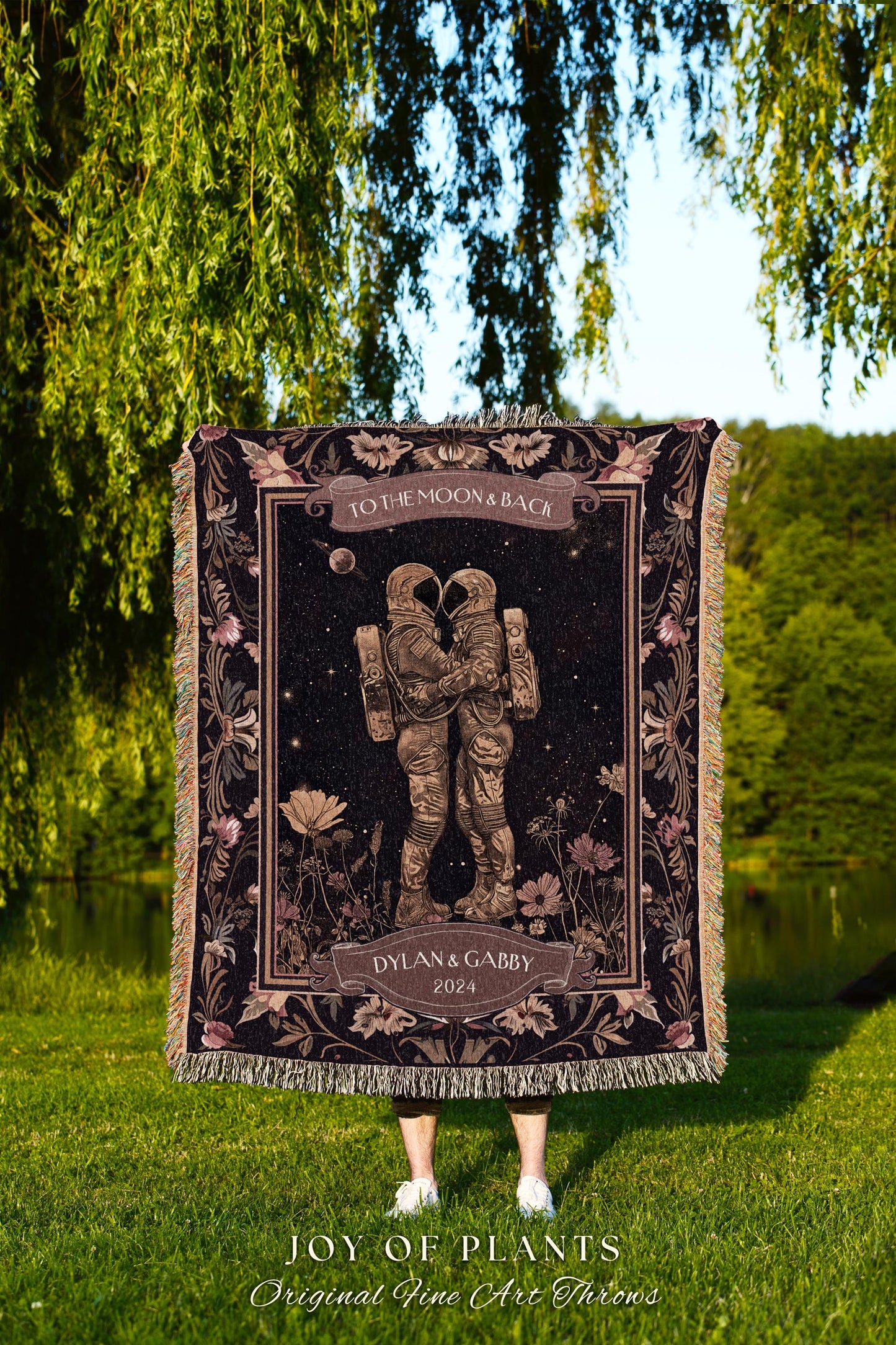 Space Lovers Celestial Woven Tapestry Blanket | Astral Design His and Hers Anniversary Gift Cosmic Love Romantic To The Moon & Back Custom |