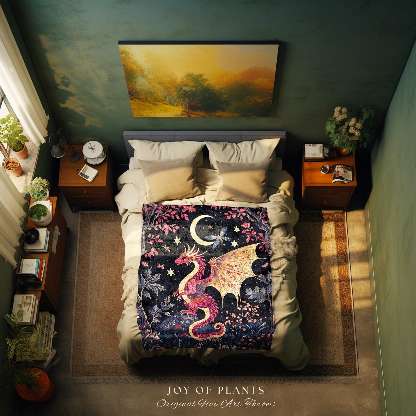 Cozy Gothic Dragon Woven Blanket | Celestial Aesthetic Magical Moonlit Mythical Creature Decor Cozy Rustic Medieval Wall Hanging Art Mystic