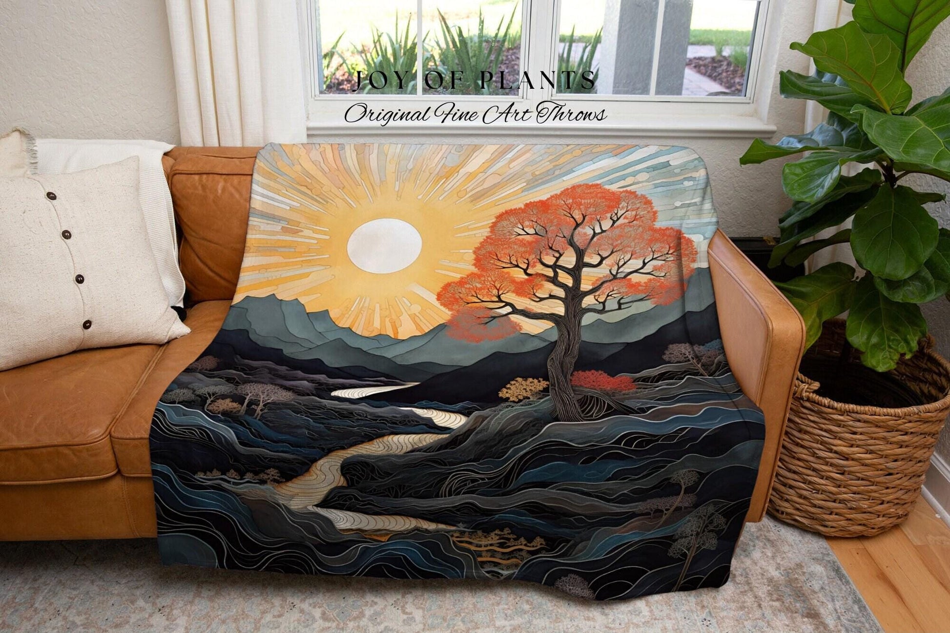 Sun Burst Woven Tapestry | Boho Mountain Tapestry Rustic Home Decor Housewarming Gift Blanket Mountain Aesthetic Blanket Landscape Wall Art