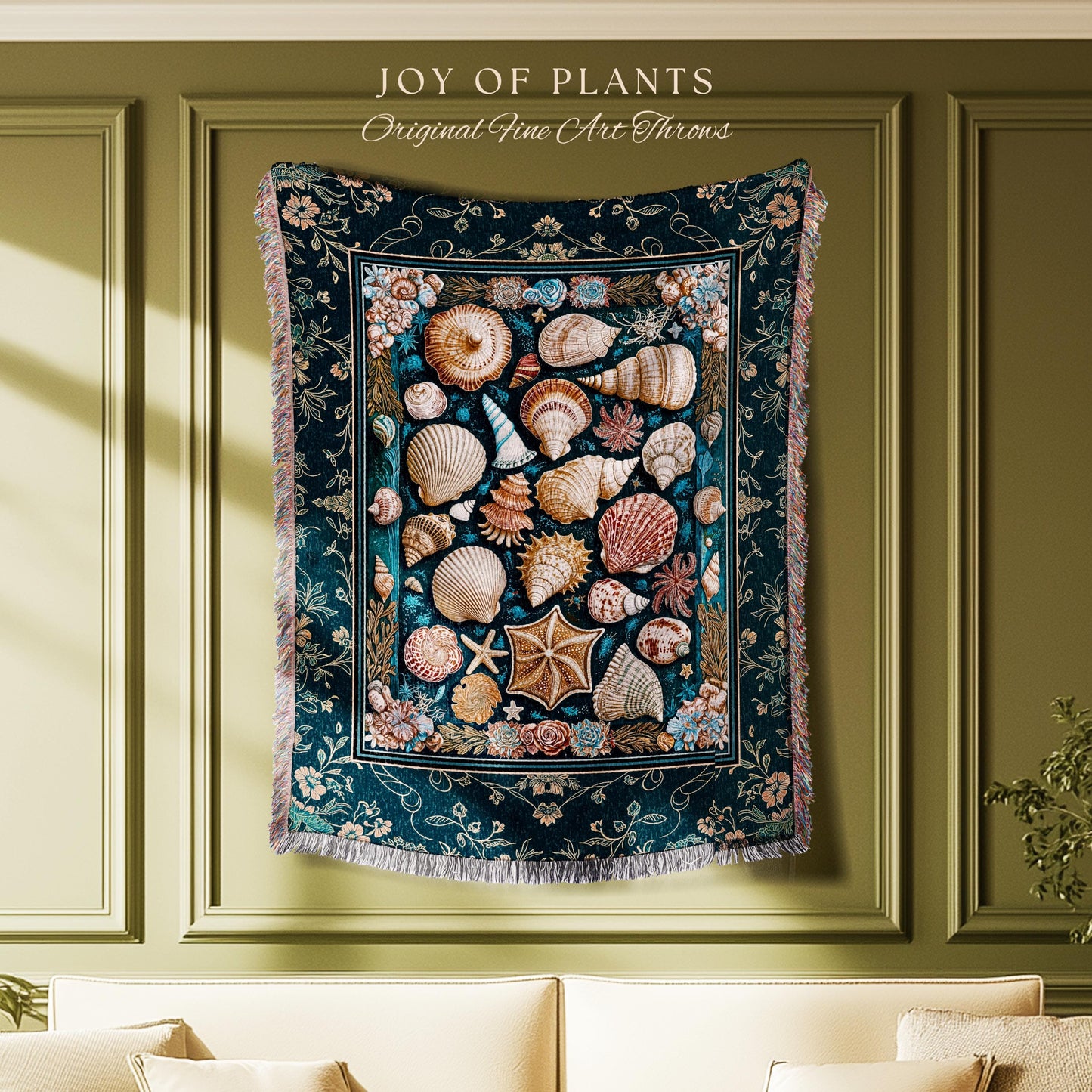 Eclectic Shell Collage Cozy Throw Blanket | Summer Beach House Nautical Bedding Maximalist Aesthetic Mermaidcore Coastal Woven Wall Tapestry