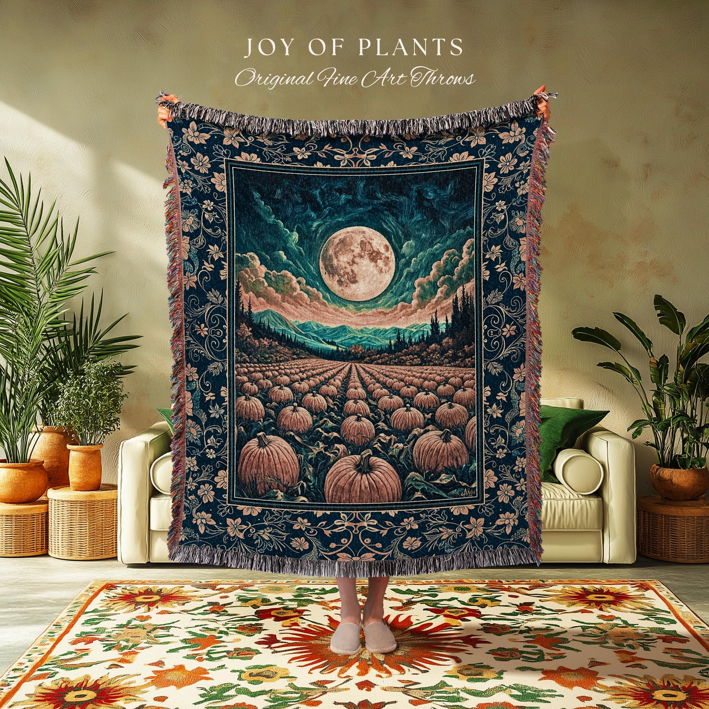 Fall Pumpkin Patch Cozy Blanket | Whimsical Dark Academia Aesthetic Autumn Woven Wall Tapestry Rustic Throw Whimsigoth Halloween Aesthetic