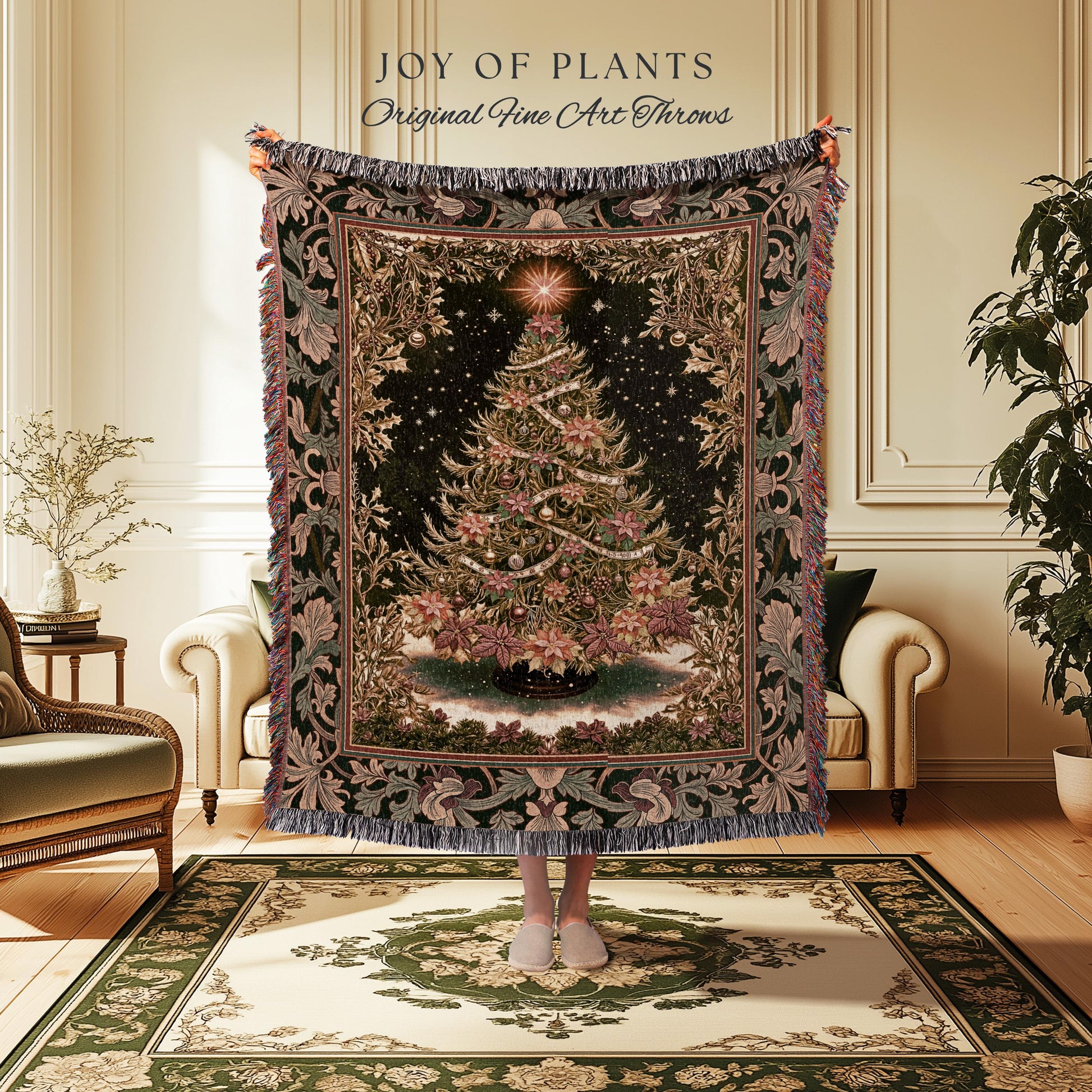 Golden Light Elegant Holiday Throw | Baroque Christmas Woven Wall Tapestry Floral Tree Blanket Ornate Decor Cozy Vintage Holiday Aesthetic