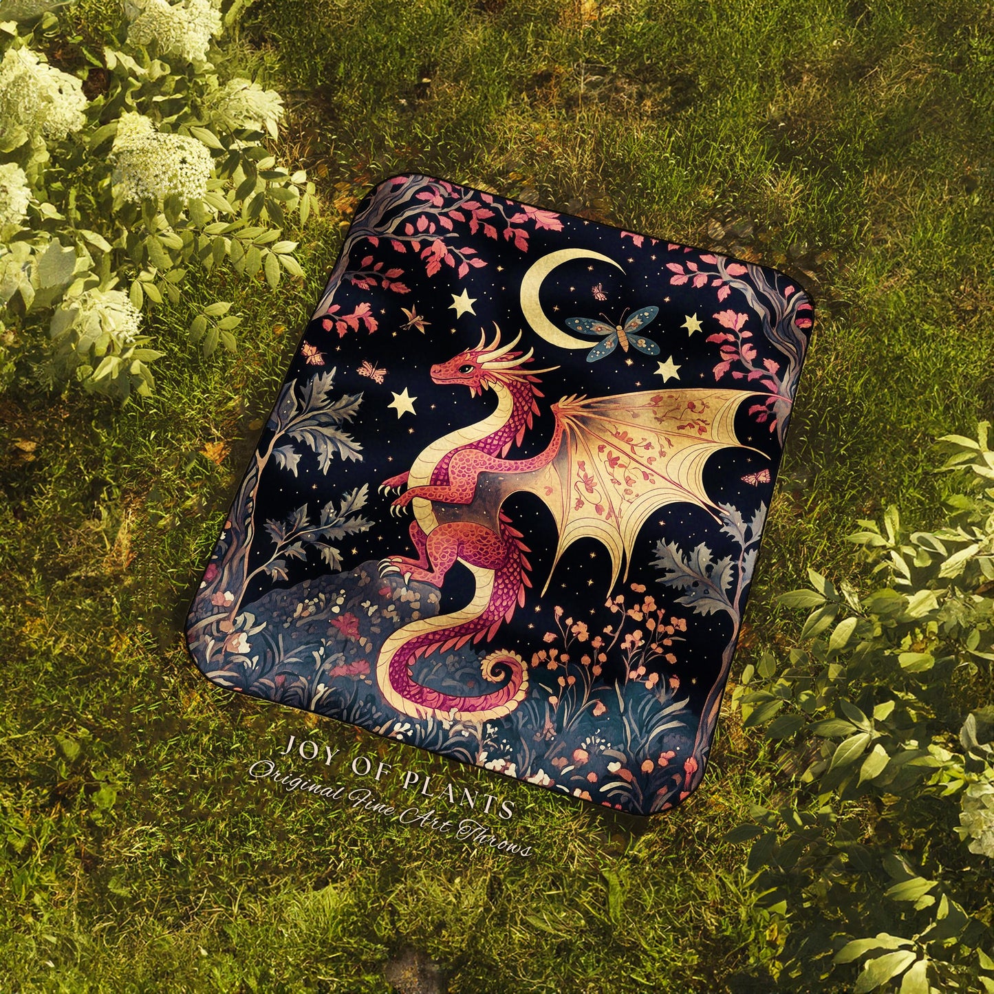 Cozy Gothic Dragon Woven Blanket | Celestial Aesthetic Magical Moonlit Mythical Creature Decor Cozy Rustic Medieval Wall Hanging Art Mystic