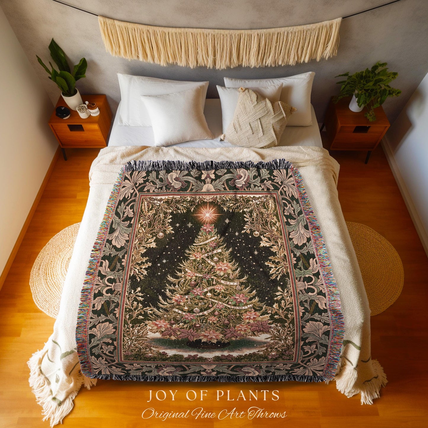 Golden Light Elegant Holiday Throw | Baroque Christmas Woven Wall Tapestry Floral Tree Blanket Ornate Decor Cozy Vintage Holiday Aesthetic