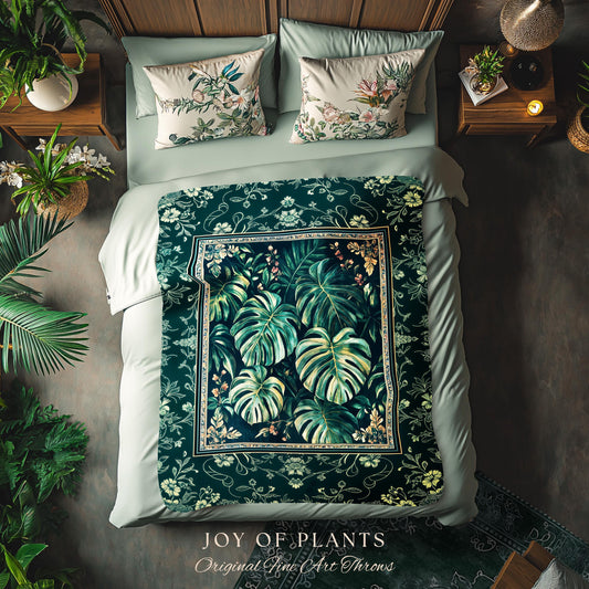 Jungle Inspired Emerald Green Coverlet | Monstera Throw Blanket Moody Bedroom Tapestry Woven Wall Art Trendy Tropigoth Room Accent Botanical