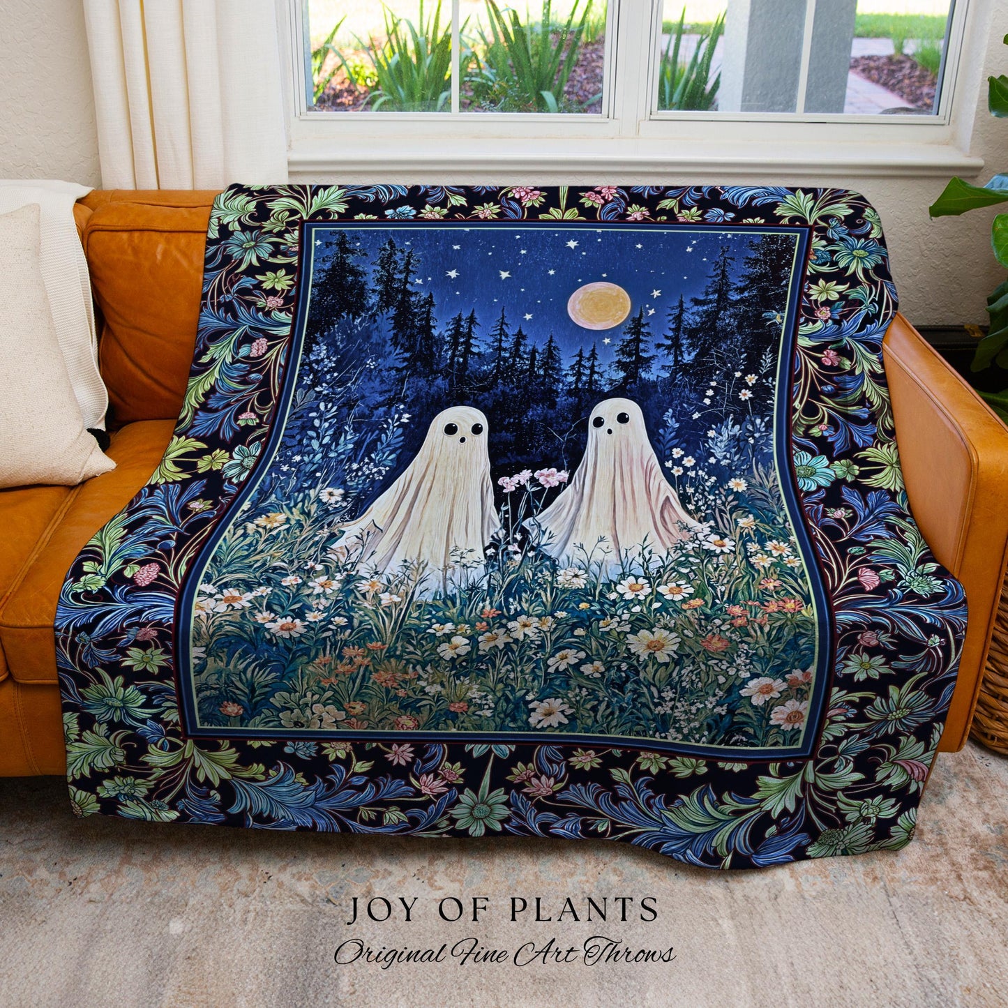 Mystic Meadow Full Moon Spirit Blanket | Indigo Starry Sky Woven Tapestry Ghost Halloween Decor Autumn Whimsical Garden Cottagecore Throw |