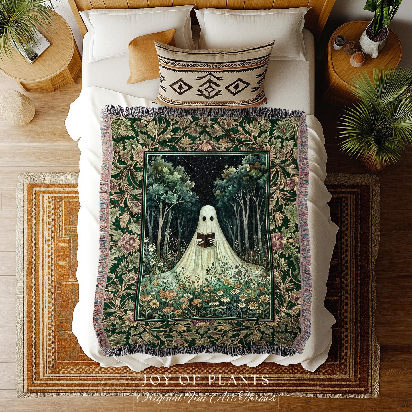 Reading Ghost Wildflower Tapestry Blanket | Gothic Decor Goth Lover Gift Cozy Home Halloween Decoration Fall Accent Botanical Spirit Witchy