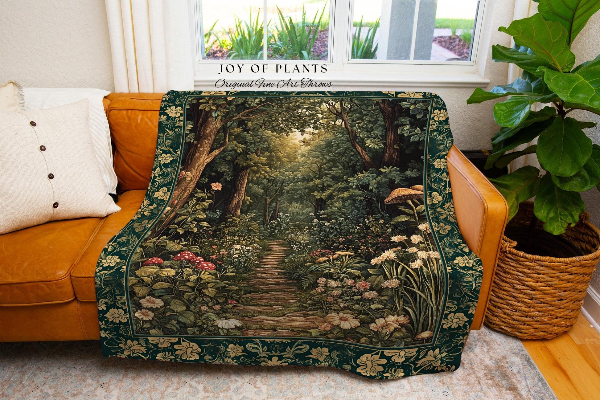 Botanical Bedroom Throw Blanket Fairycore | Woodland Mushroom Aesthetic Nature Lover Book Nook Wall Tapestry Woven Emerald Green Decor |