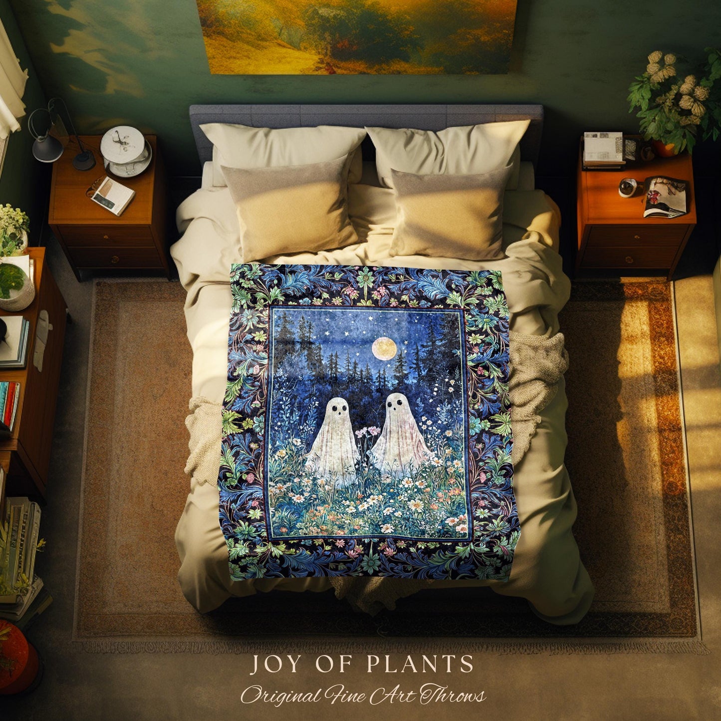 Mystic Meadow Full Moon Spirit Blanket | Indigo Starry Sky Woven Tapestry Ghost Halloween Decor Autumn Whimsical Garden Cottagecore Throw |