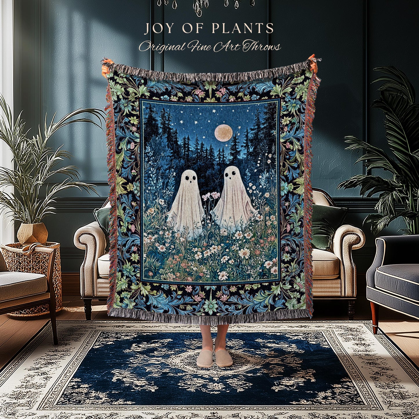Mystic Meadow Full Moon Spirit Blanket | Indigo Starry Sky Woven Tapestry Ghost Halloween Decor Autumn Whimsical Garden Cottagecore Throw |