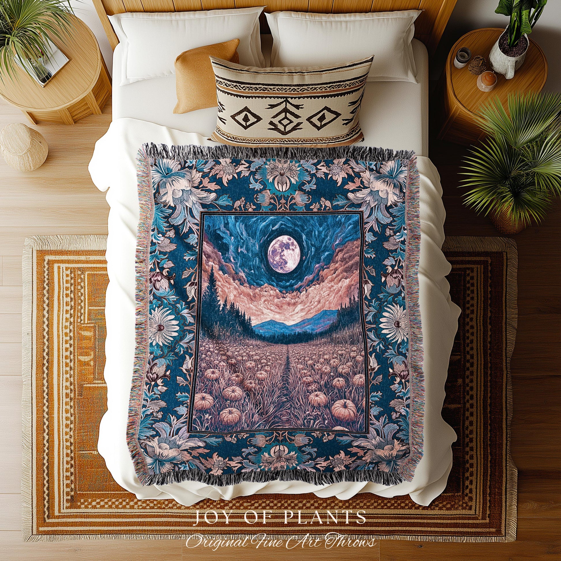 Witchy Night Sky Full Moon Blanket | Pastel Fall Decoration Cozy Autumn Tapestry Pumpkin Patch Whimsigoth Aesthetic Spooky Dark Academia |