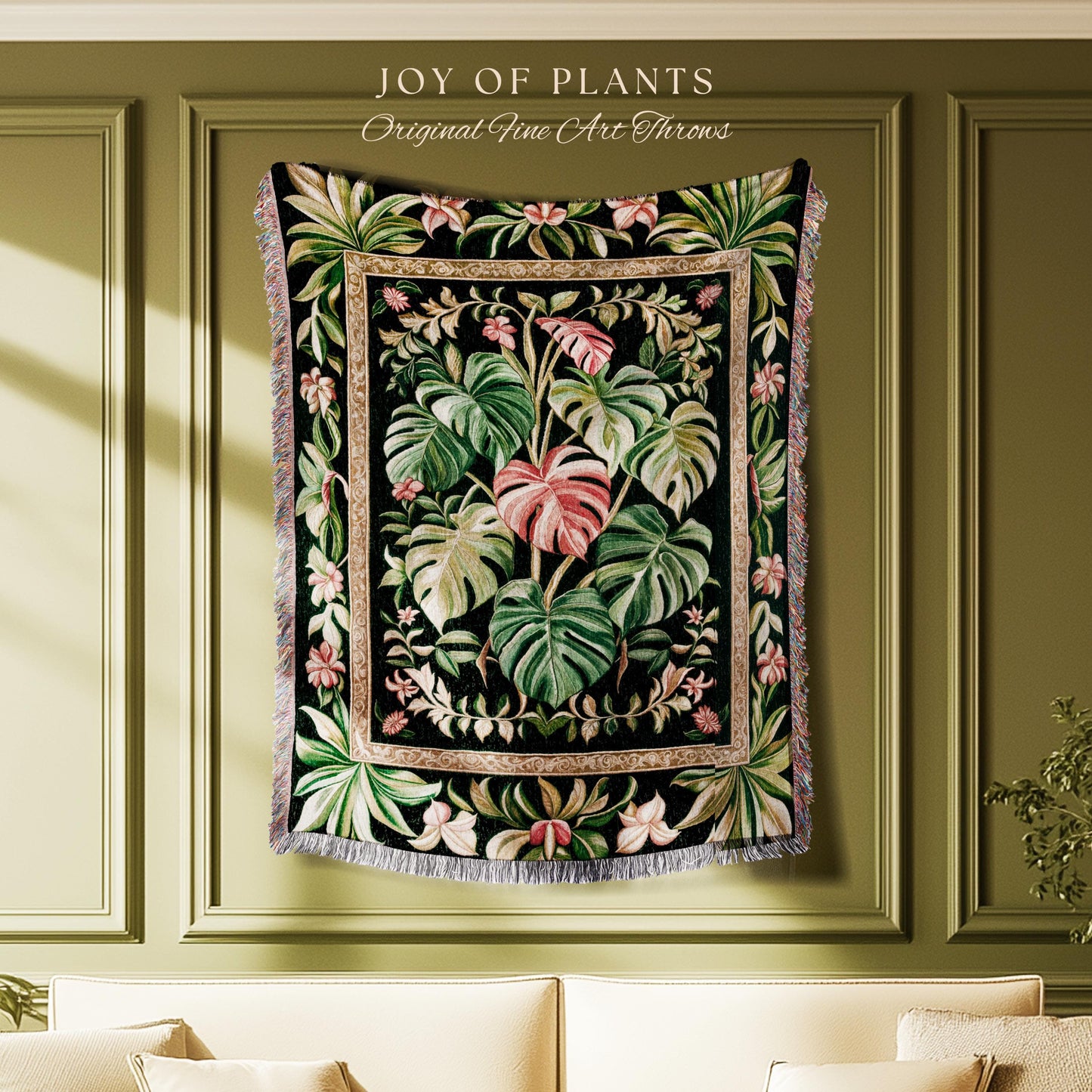 Earthy Vibes Monstera Tapestry | Cozy Woven Blanket Forestcore Vintage Summer Bedspread Tropical Goth Aesthetic Cottagecore Leafy Bedroom |