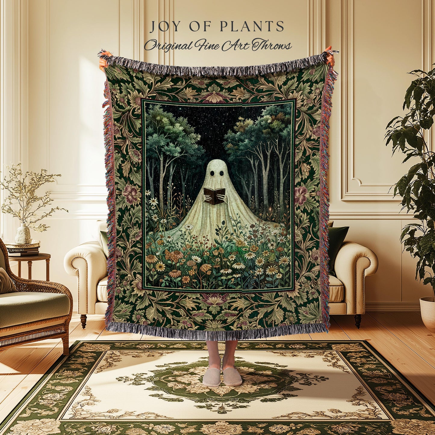 Reading Ghost Wildflower Tapestry Blanket | Gothic Decor Goth Lover Gift Cozy Home Halloween Decoration Fall Accent Botanical Spirit Witchy