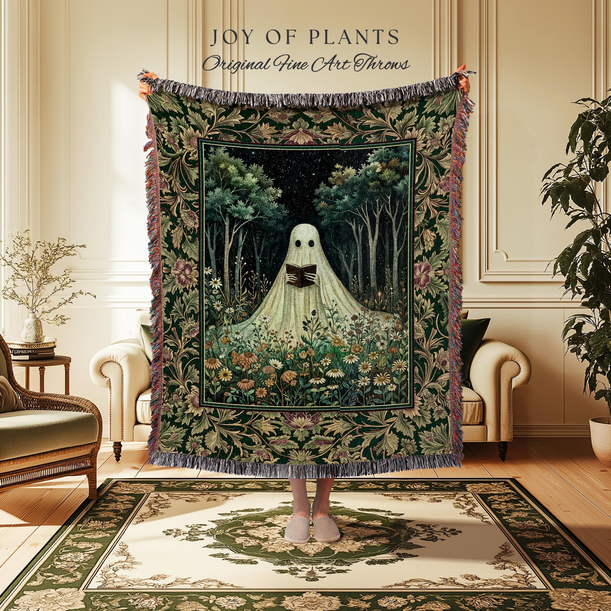 Reading Ghost Wildflower Tapestry Blanket | Gothic Decor Goth Lover Gift Cozy Home Halloween Decoration Fall Accent Botanical Spirit Witchy