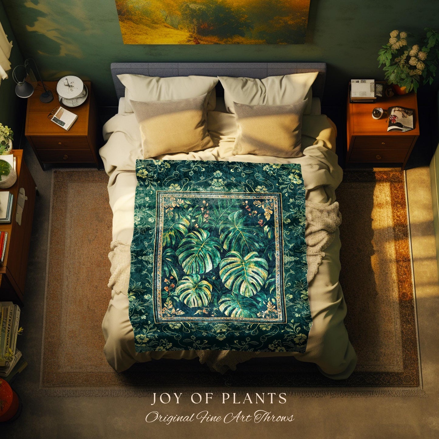 Jungle Inspired Emerald Green Coverlet | Monstera Throw Blanket Moody Bedroom Tapestry Woven Wall Art Trendy Tropigoth Room Accent Botanical