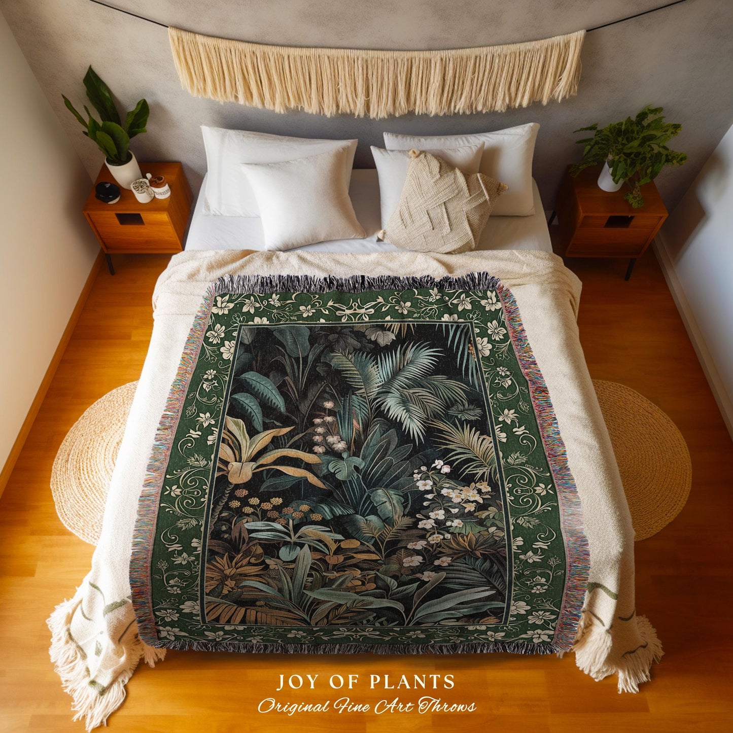 Jungle Leaves Botanical Woven Tapestry | Tropical Jungle Nature Lover Book Nook Cozy Plant Lover Boho Bedroom Decor Elegant Woven Blanket |
