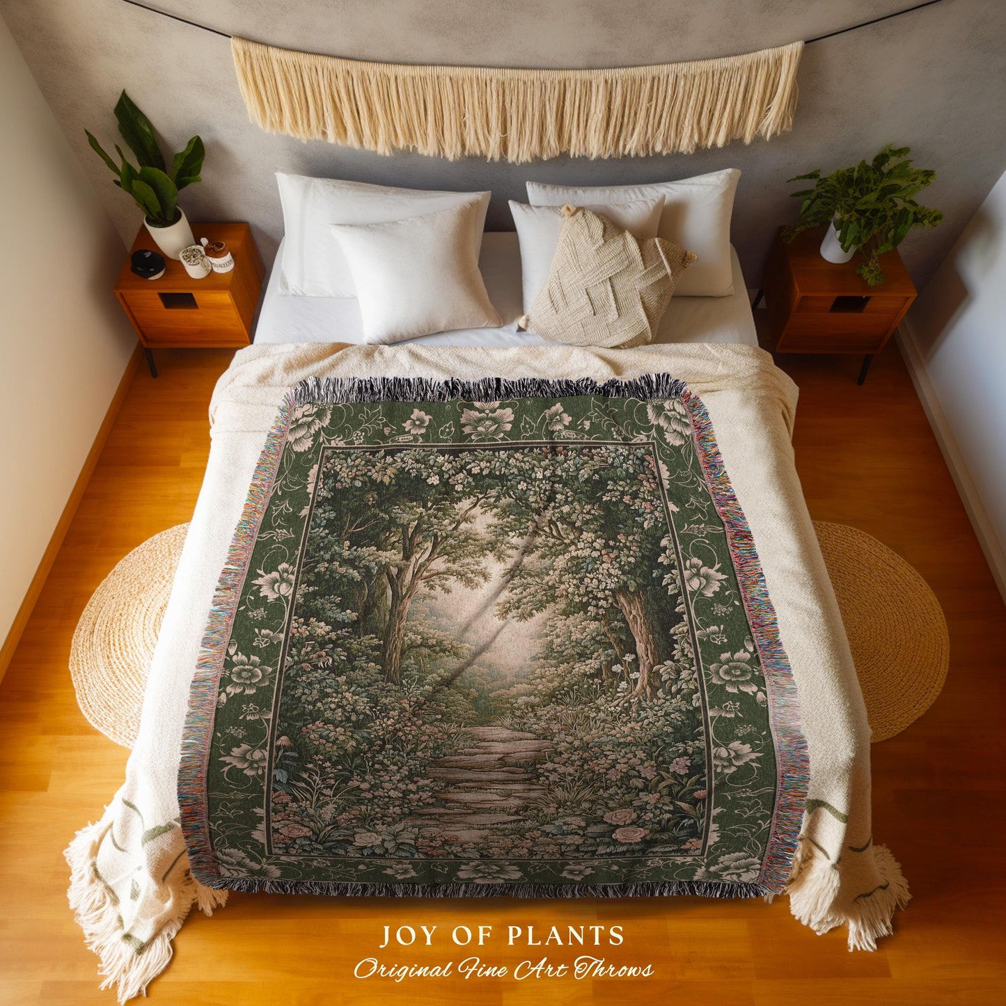 Mystic Garden Fairytale Landscape Tapestry Throw | Fairycore Woodland Nature Lover Book Nook Blanket Cozy Earthy Home Decor Whimsical Floral