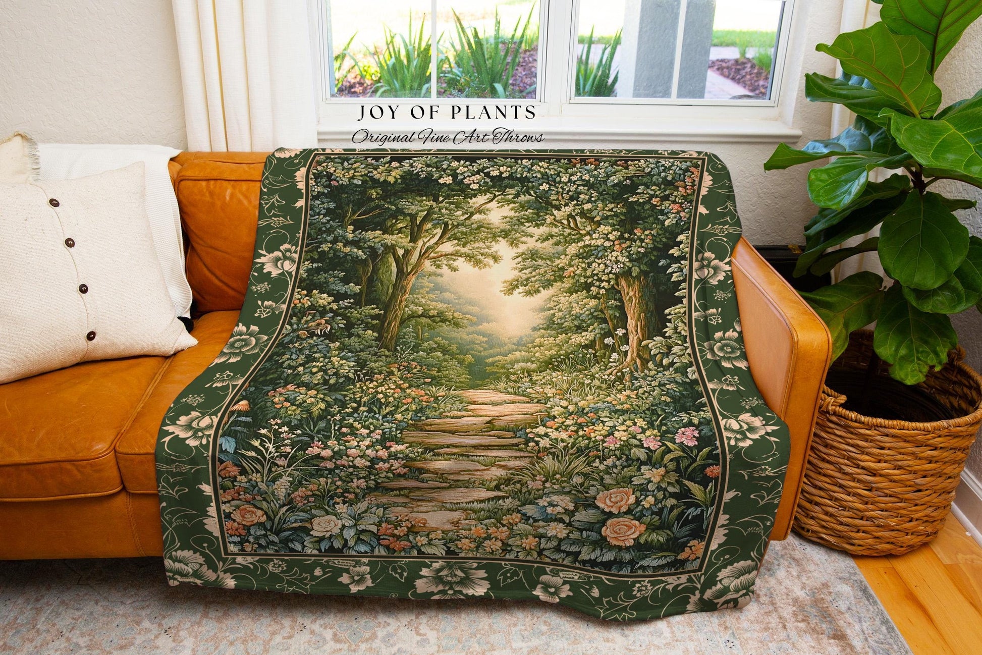 Mystic Garden Fairytale Landscape Tapestry Throw | Fairycore Woodland Nature Lover Book Nook Blanket Cozy Earthy Home Decor Whimsical Floral