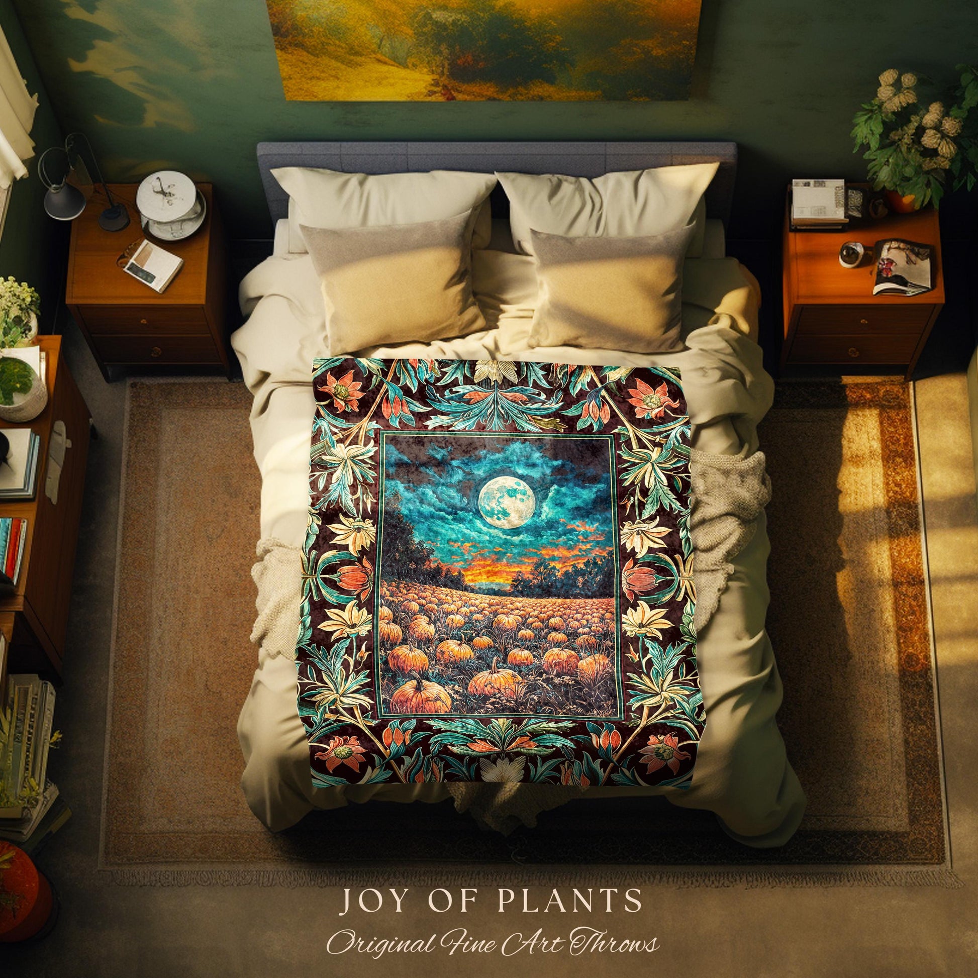 Bookish Cozy Fall Throw Blanket | Floral Autumn Aesthetic Gothiccore Light Academia Whimsigoth Pumpkin Tapestry Cute Spooky Rustic Decor |